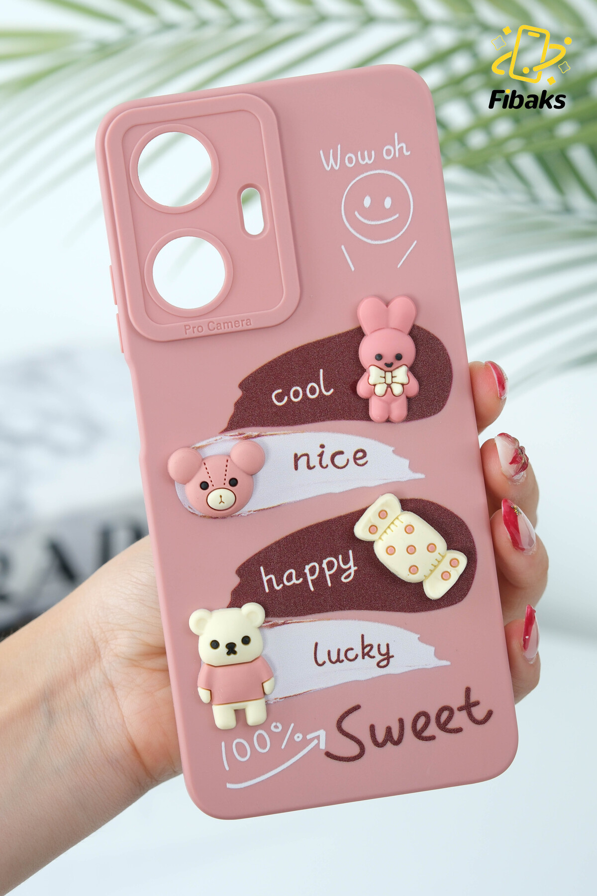کاور و قاب سازگار با REALME C55 طراحی محافظ دوربین طرحدار پوشش سیلیکونی نرم RABBIT PINK فیبکس Fibaks