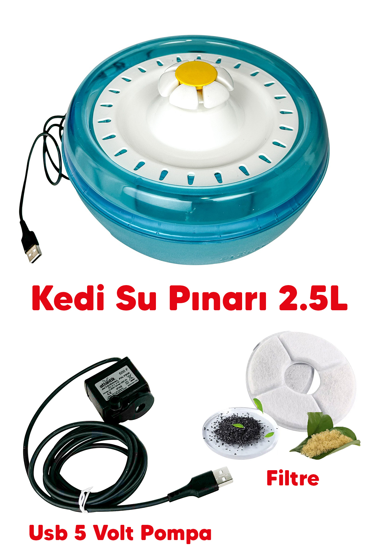 آبخوری فواره‌ای چراغ‌دار و کم‌صدای گربه اوجیل‌شهری Evcil Şehri، ۲٫۵ لیتر، آبی