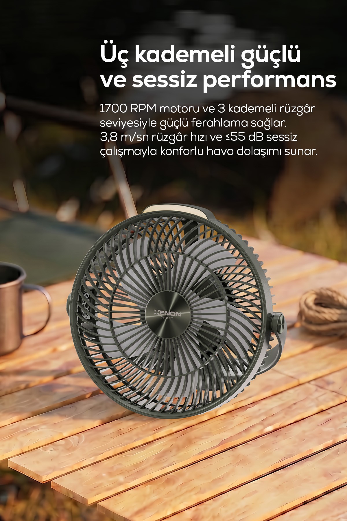 پنکه کمپینگ قابل‌حمل زنون اسمارت Xenon Smart، مدل X7434-M1، باتری ۸۰۰۰ میلی‌آمپرساعتی، سه‌پایه‌دار و چراغ‌دار سبز