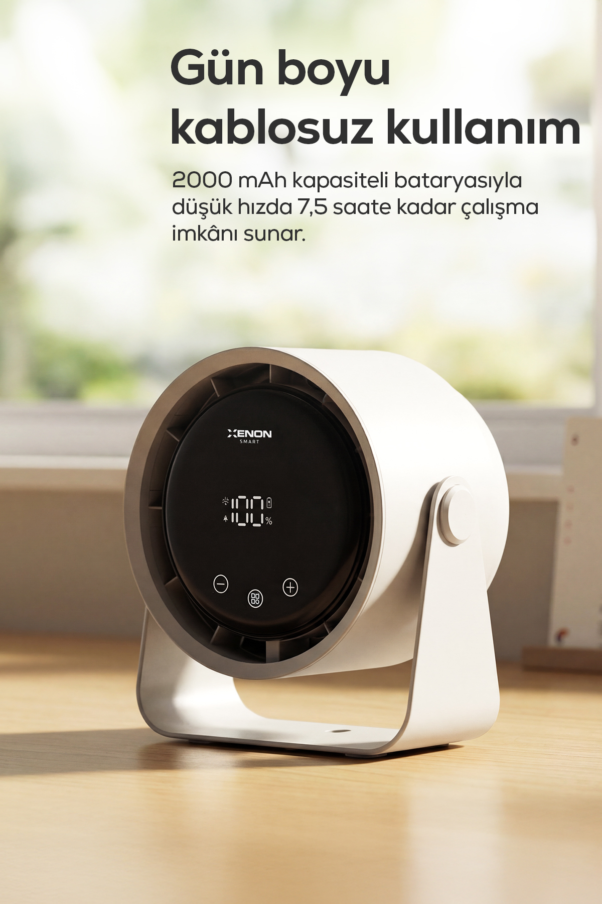پنکه رومیزی قابل‌حمل زنون اسمارت Xenon Smart مدل X6113، سفید، شارژی با نمایشگر لمسی