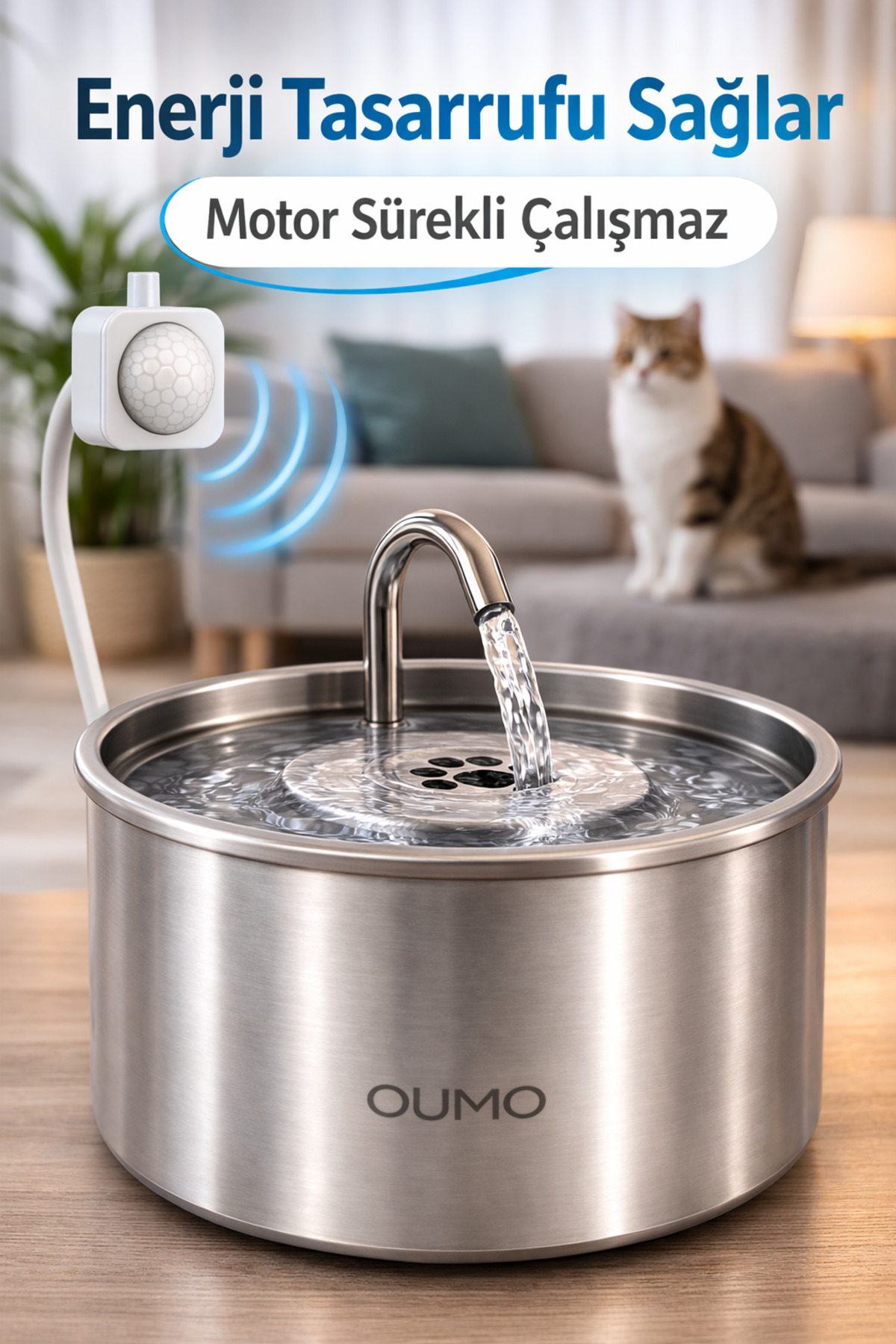 آبخوری خودکار گربه و سگ اومو Oumo، استیل ۲٫۵ لیتری با حسگر حرکتی و فیلتر 2.5L