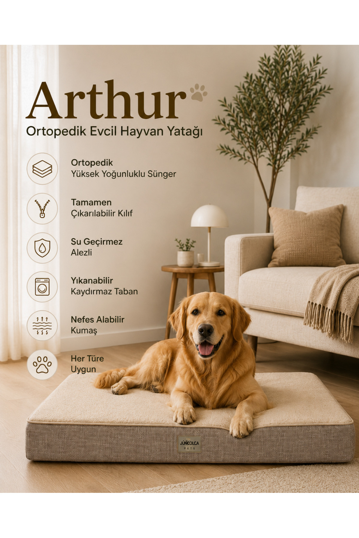 تخت خانگی گربه و سگ جونگولیکا Jungolica Pet Products Jungolica مدل Arthur با فوم ویسکو و روکش جداشونده و ضدآب بژ