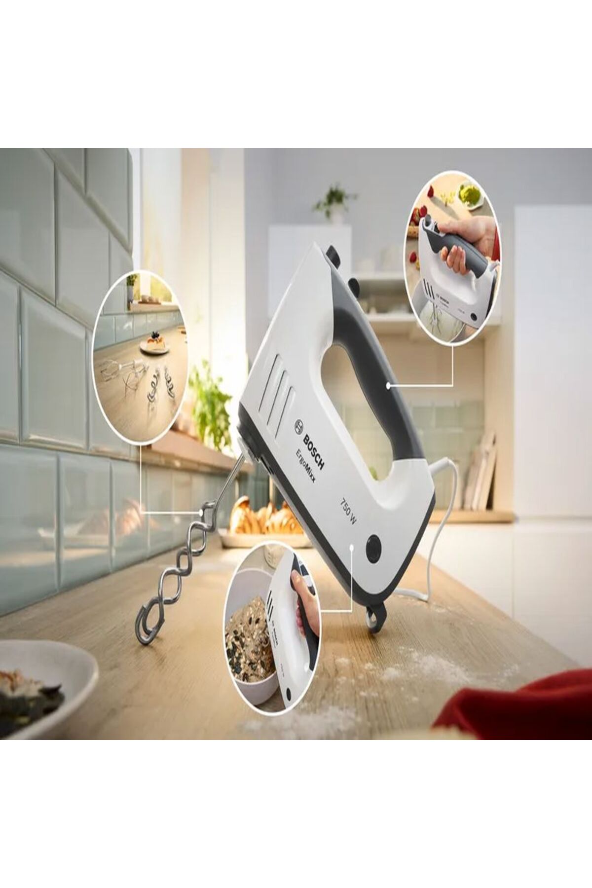 میکسر و ست دستی ERGOMIXX 750 W سفید خاکستری هدیه ترازوی آشپزخانه خانگی UZUNKAYA اورجینال Bosch