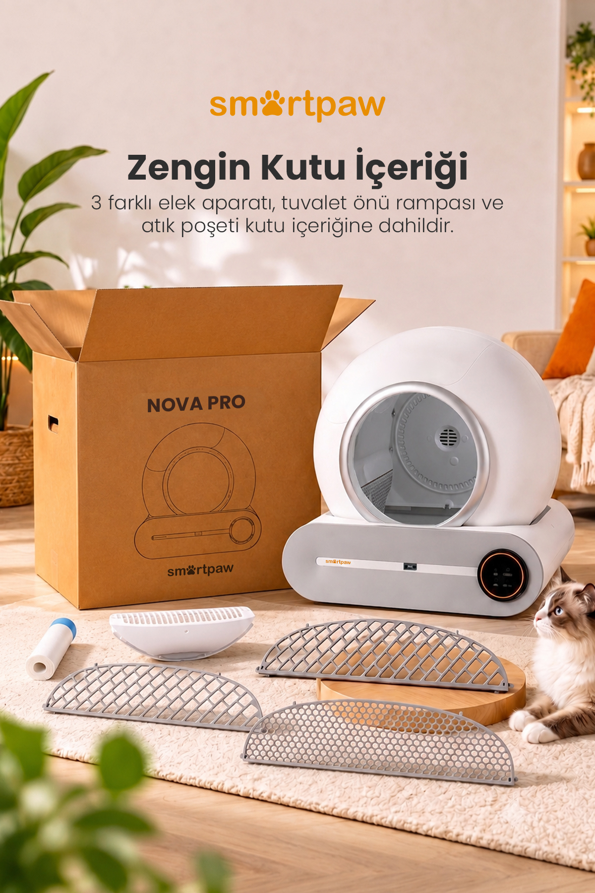 توالت گربه هوشمند و خودکار اسمارت‌پا SMARTPAW Nova Cat PRO، مدل MSP-01، با گنجایش ۶۵ لیتر و مخزن زباله ۹ لیتری