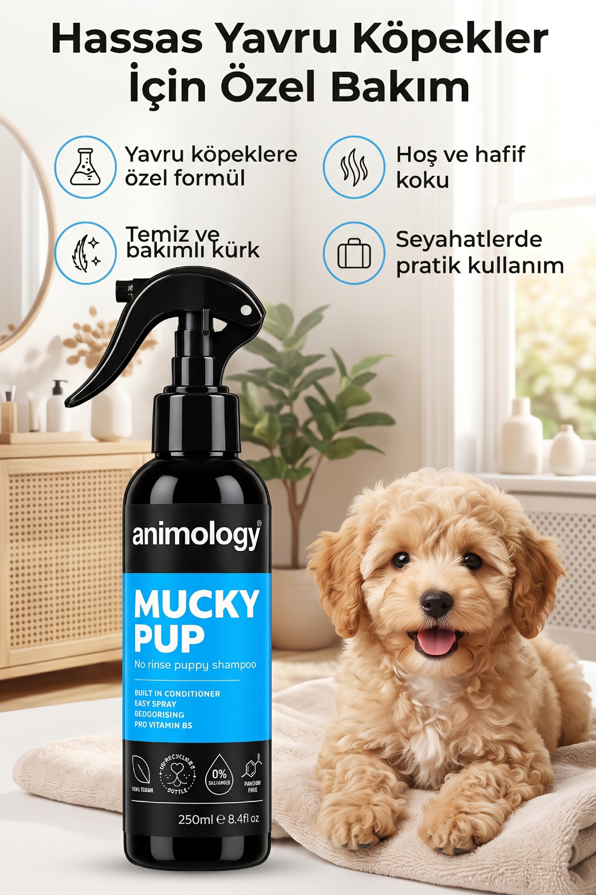 شامپوی اسپری توله‌سگ انیمولوژی Animology Mucky Pup بدون نیاز به آبکشی، ۲۵۰ میلی‌لیتر