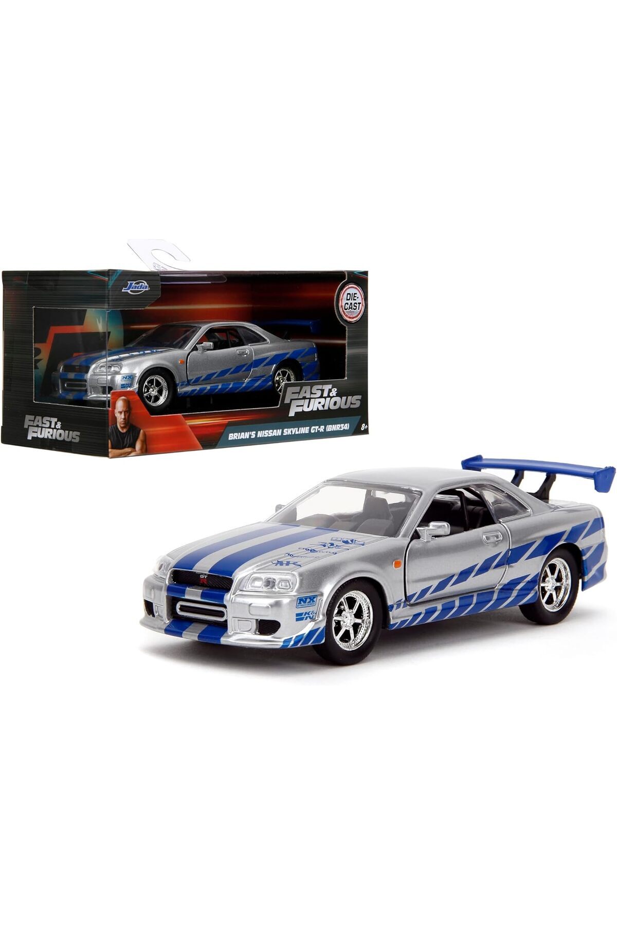 ماشین اسباب بازی JADA FAST AND FURIOUS DIECAST MODEL 12 CM 2002 NISSAN SKYLINE GTR R34 SILVER BLUE هات ویلز اورجینال HOT WHEELS