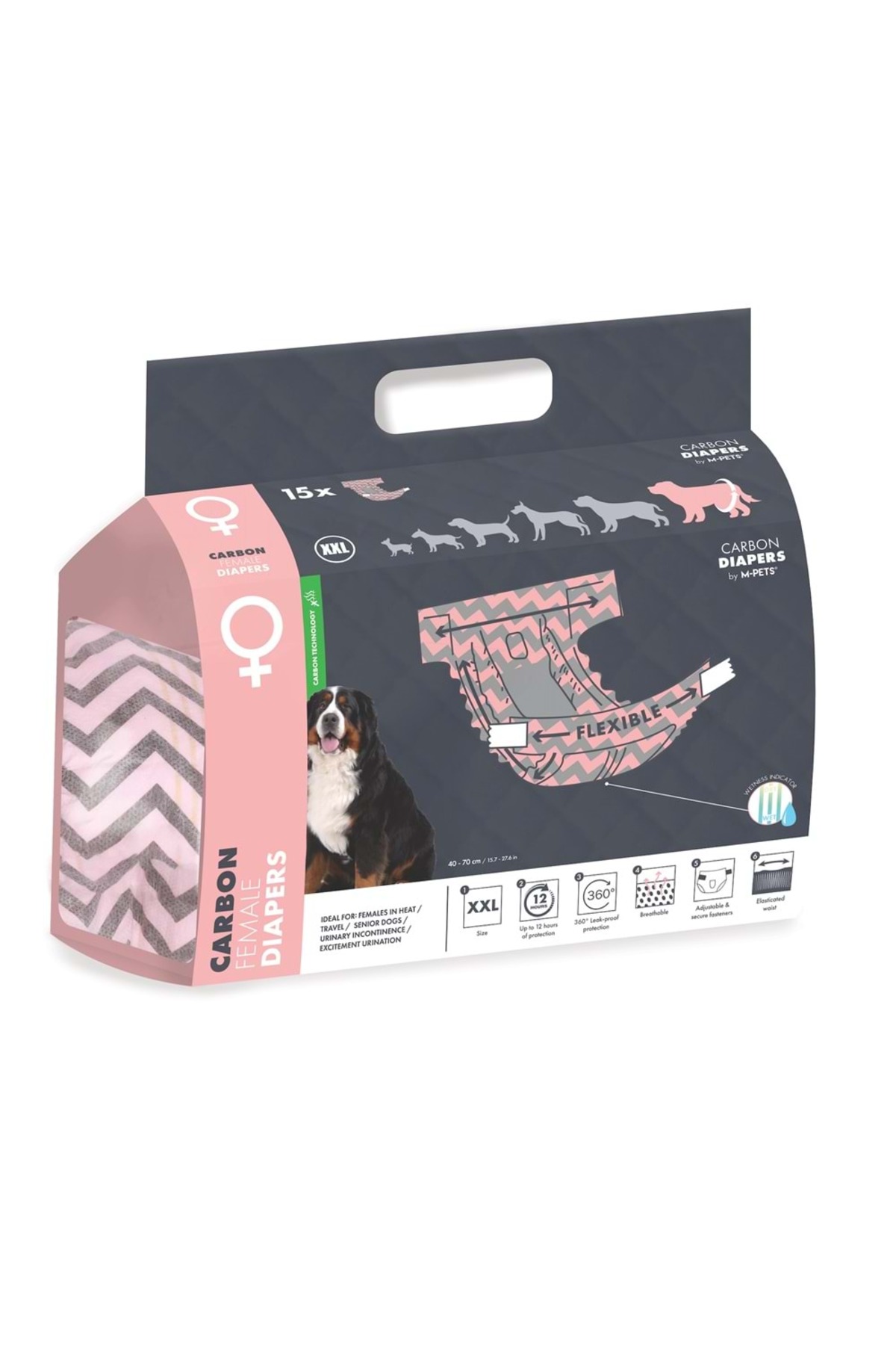 پوشک شورتی سگ ماده ام‌پتس M-PETS، XXL، بسته ۱۵ عددی با فناوری کربنی