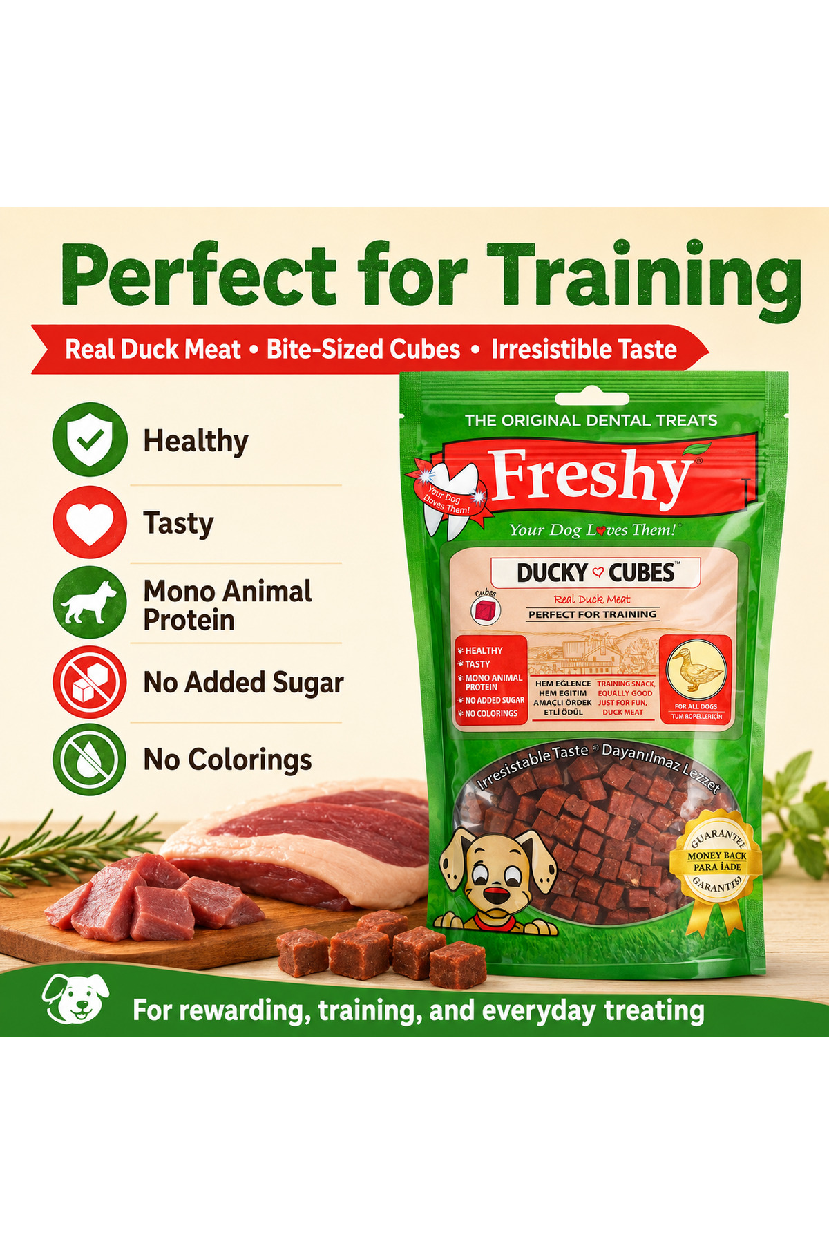 تشویقی مکعبی سگ Ducky Cubes از فرشی Freshy، با طعم اردک و خرگوش، ۸۰ گرم
