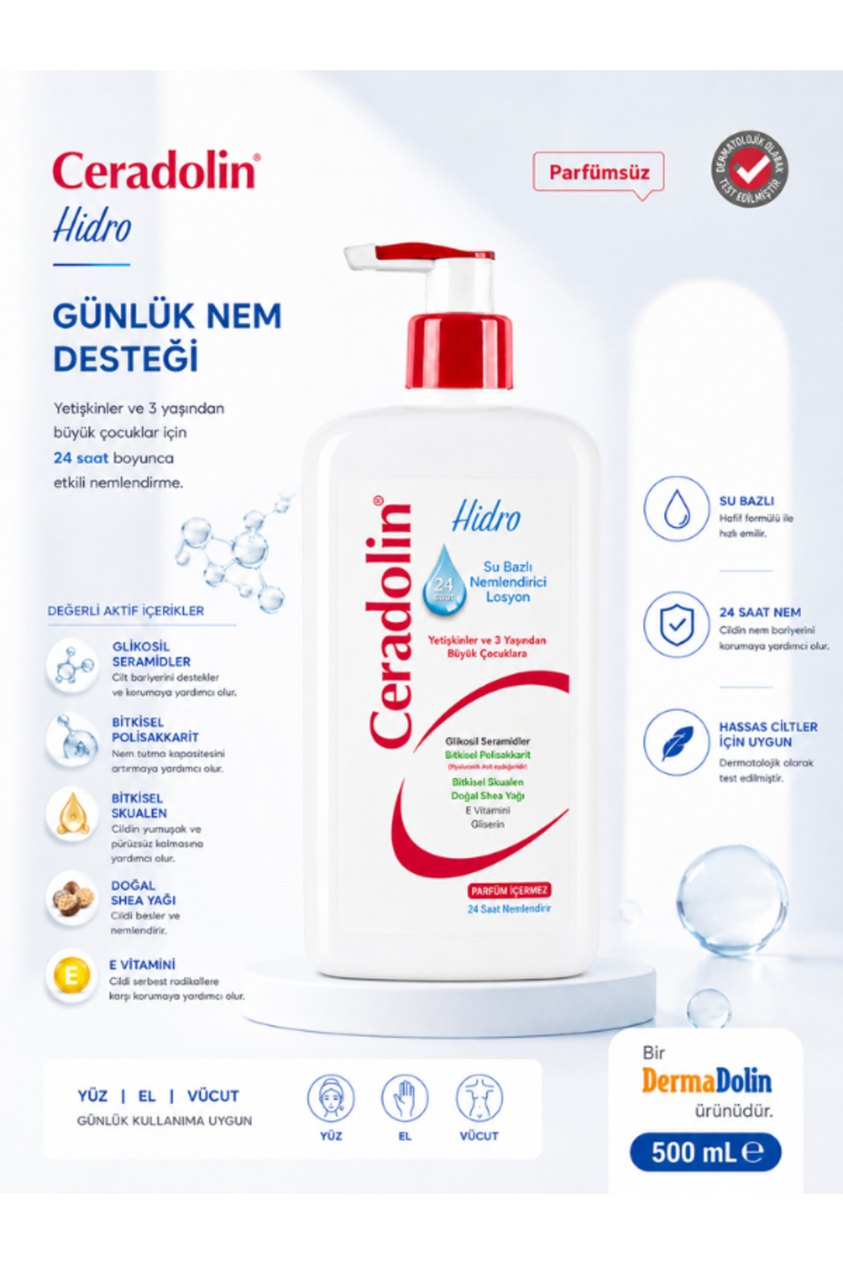 Dermadolin لوسیون بدن محافظتی آبی محصول CERAdolin Hydro 500 میلی لیتر