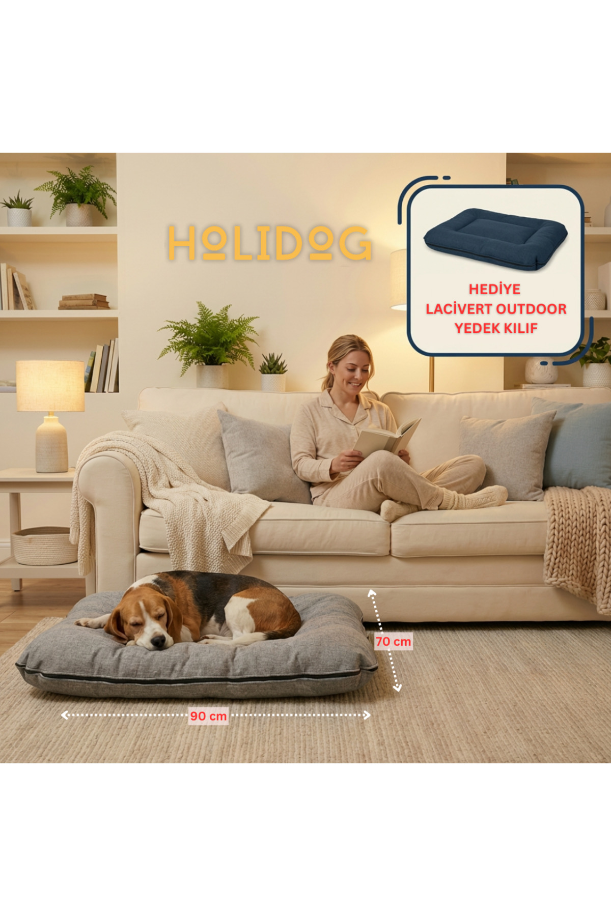 جای خواب حلقه‌ای سگ هالی‌داگ Holidog، مدل بزرگ ۹۰×۷۰ سانتی‌متر، بژ، همراه روکش