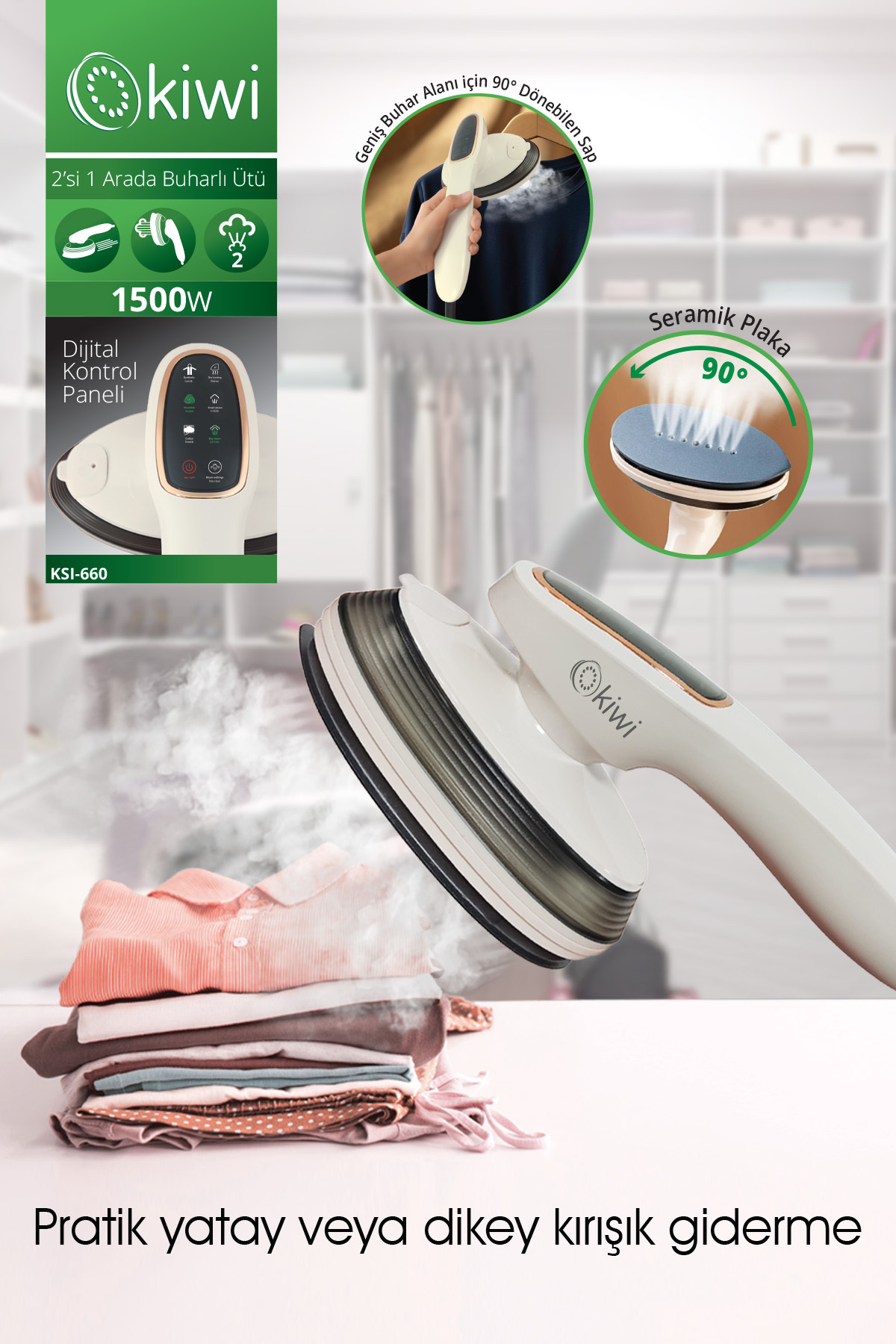 اتو بخار 660 2 IN 1 STEAM IRON – 1500W قدرتمند صفحه نمایش LED دسته قابل چرخش 90 درجه اورجینال Kiwi