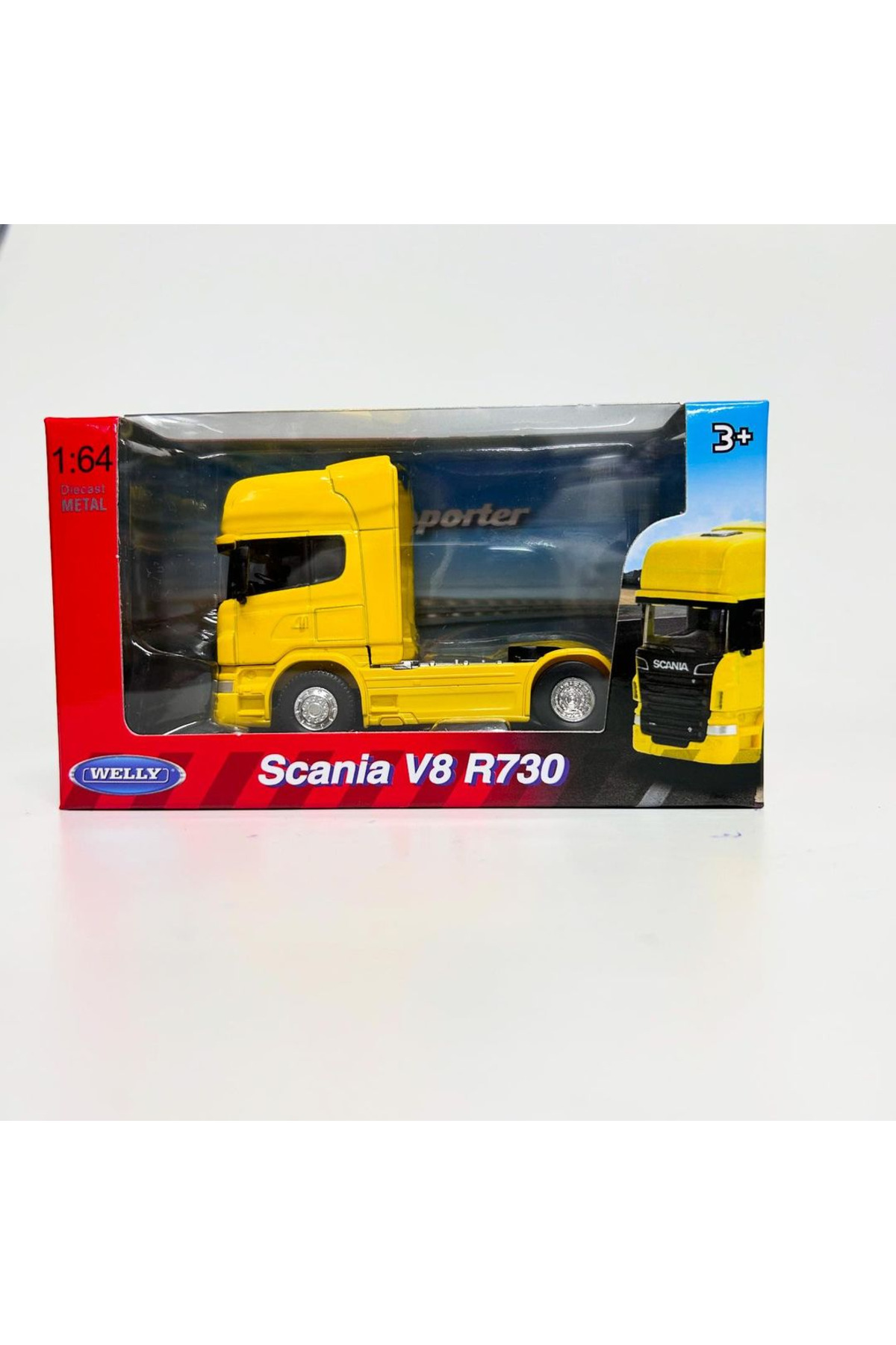 مدل خودرو فنجان کامیون فلزی رنگ زرد SCANIA V8 R730 با اندازه کوچک 11 سانتی متر متری اورجینال WELLY