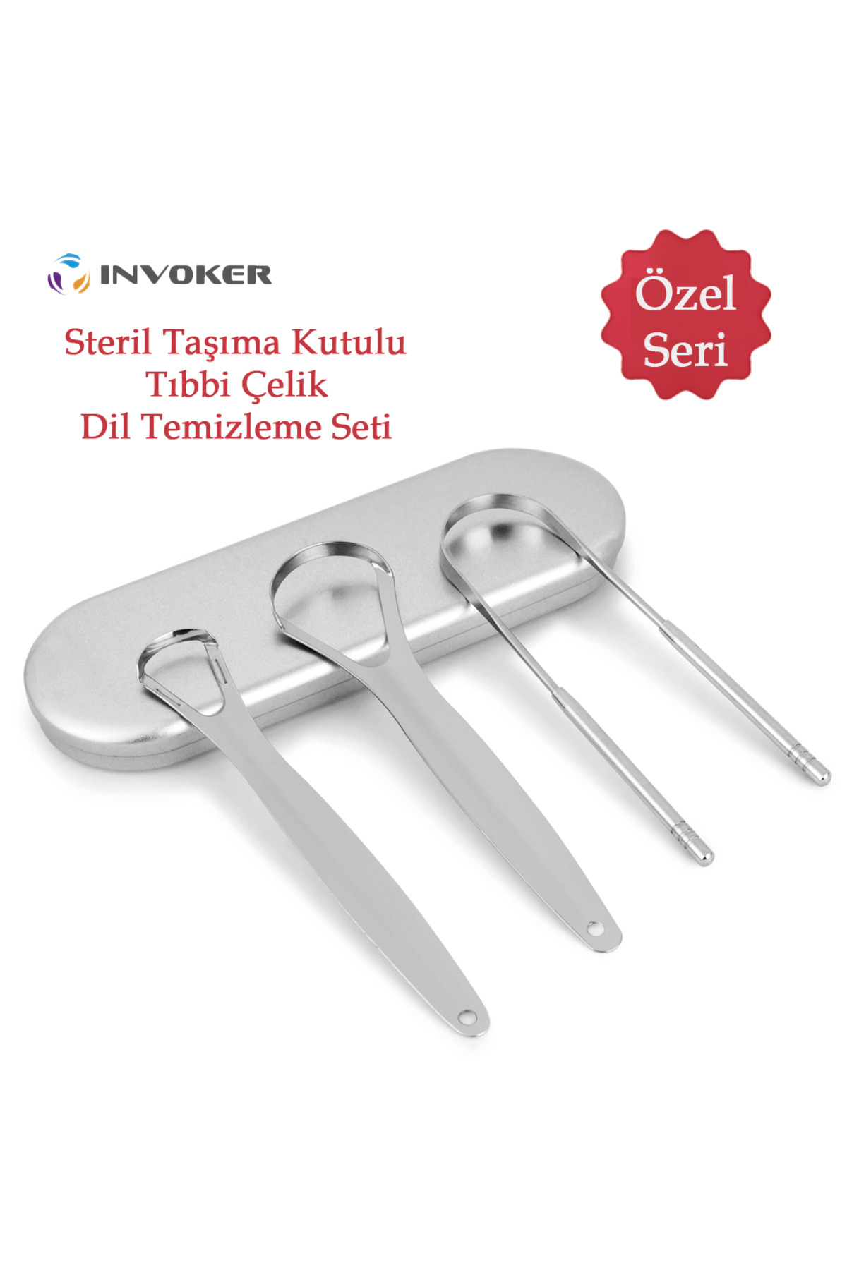 دستگاه تمیز کننده زبان INVOKER، تراشنده زبان، برس پلاک دهان و دندان استیل ضد زنگ، ۳ عدد در جعبه حمل استریل