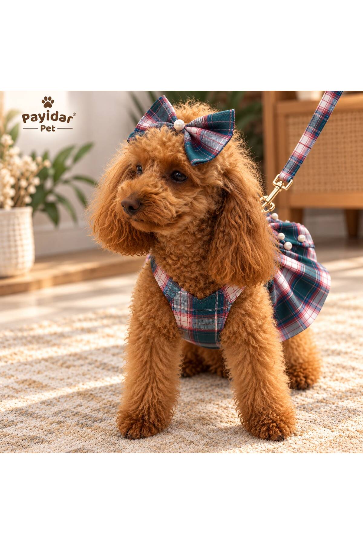 ست لباس سگ پایدار پت Payidar Pet، Pet Fashion Premium، طرح چهارخانه همراه بند و گیره پاپیونی چندرنگ
