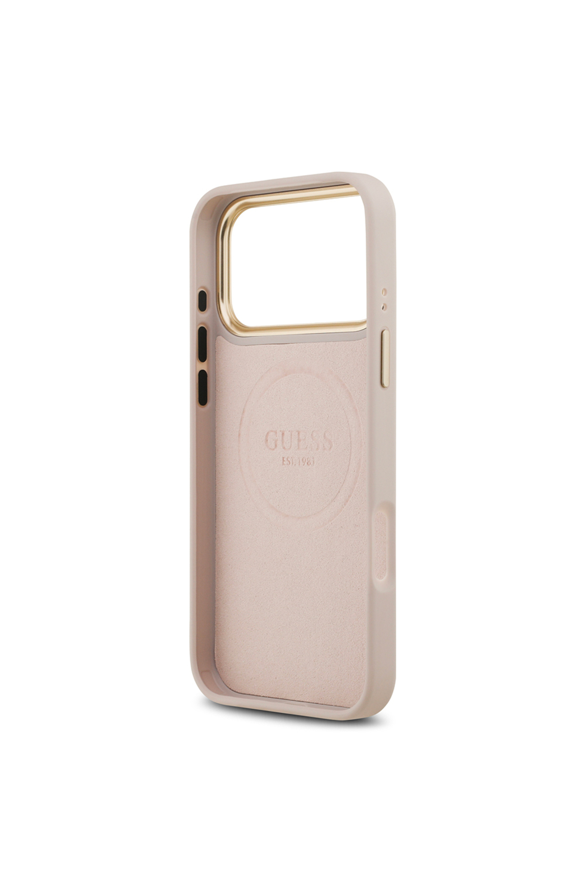 کاور و قاب سازگار IPHONE 17 PRO MAX دارای مجوز M SAFE 4G با طرح PU فلزی لوگوی کلاسیک صورتی اورجینال Guess