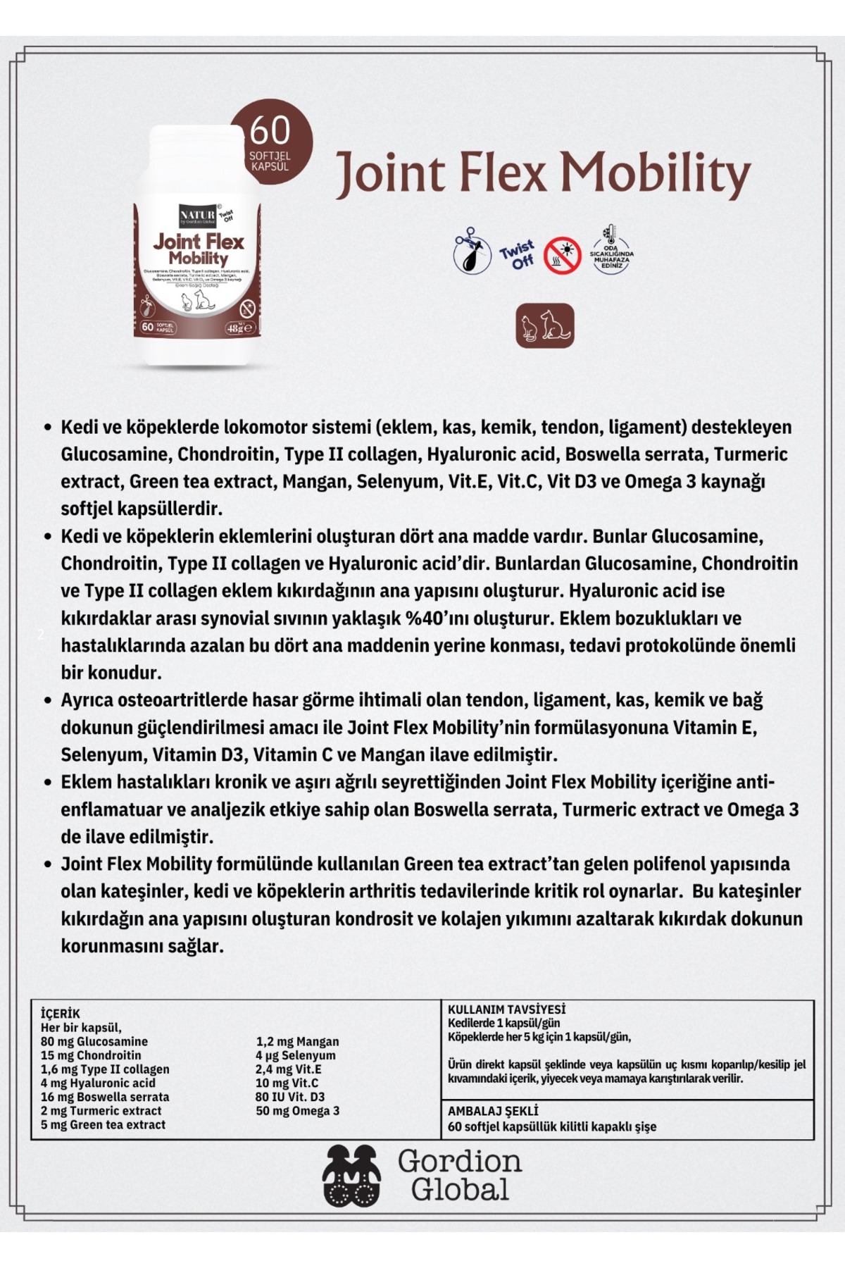 قرص مکمل مفاصل گربه و سگ ناتور بای گوردیون گلوبال Natur by Gordion Global Joint Flex Mobility