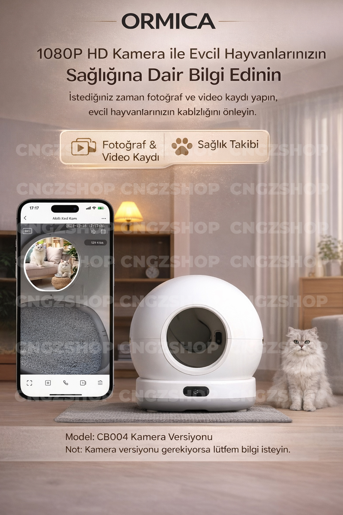 توالت هوشمند خودکار گربه سی‌ان‌جی‌زد‌شاپ CNGZSHOP، چندرنگ، با دوربین و کنترل اپلیکیشن