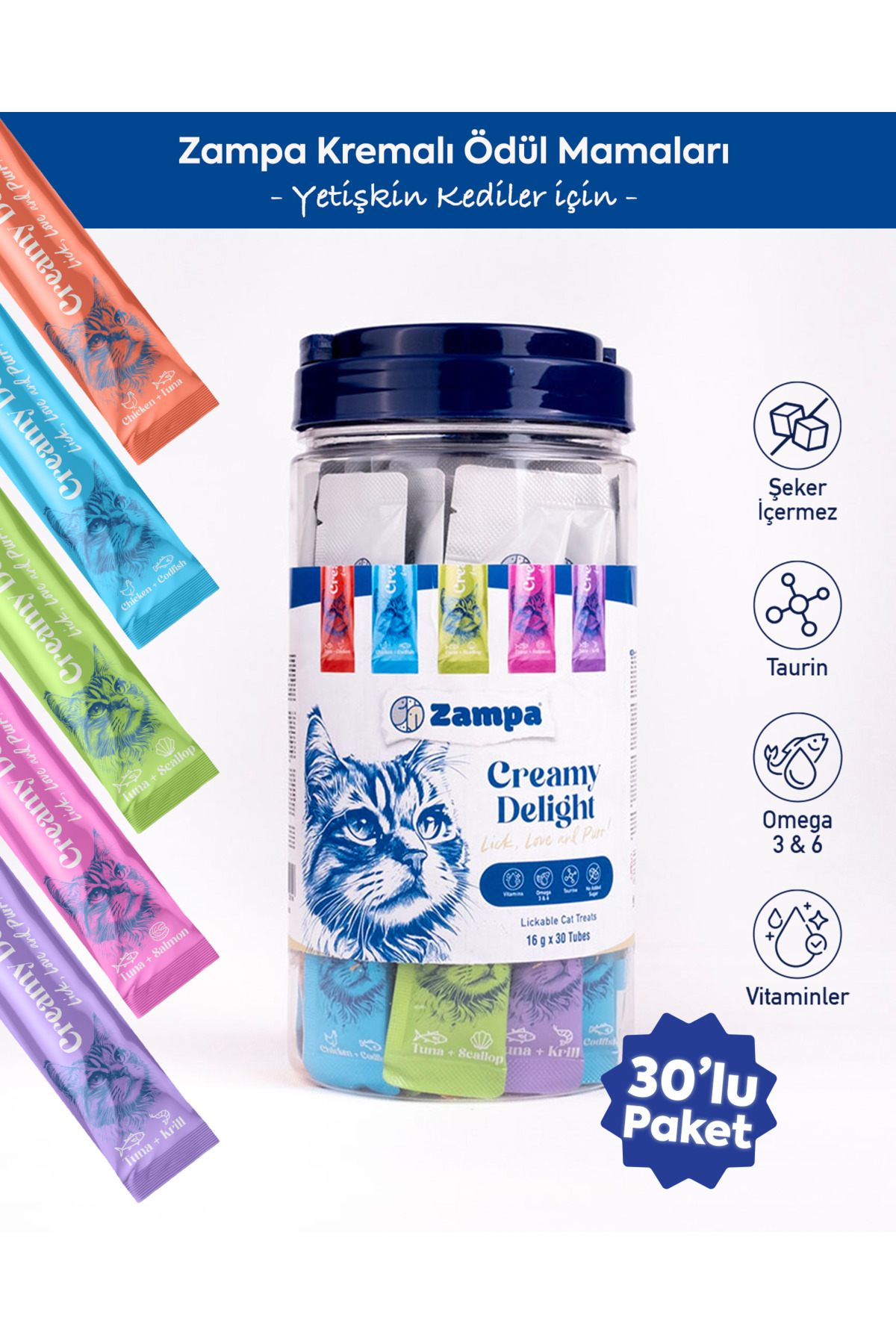 تشویقی کرمی گربه زامپا Zampa Creamy Delight، بسته ۳۰ عددی (هر عدد ۱۶ گرم)