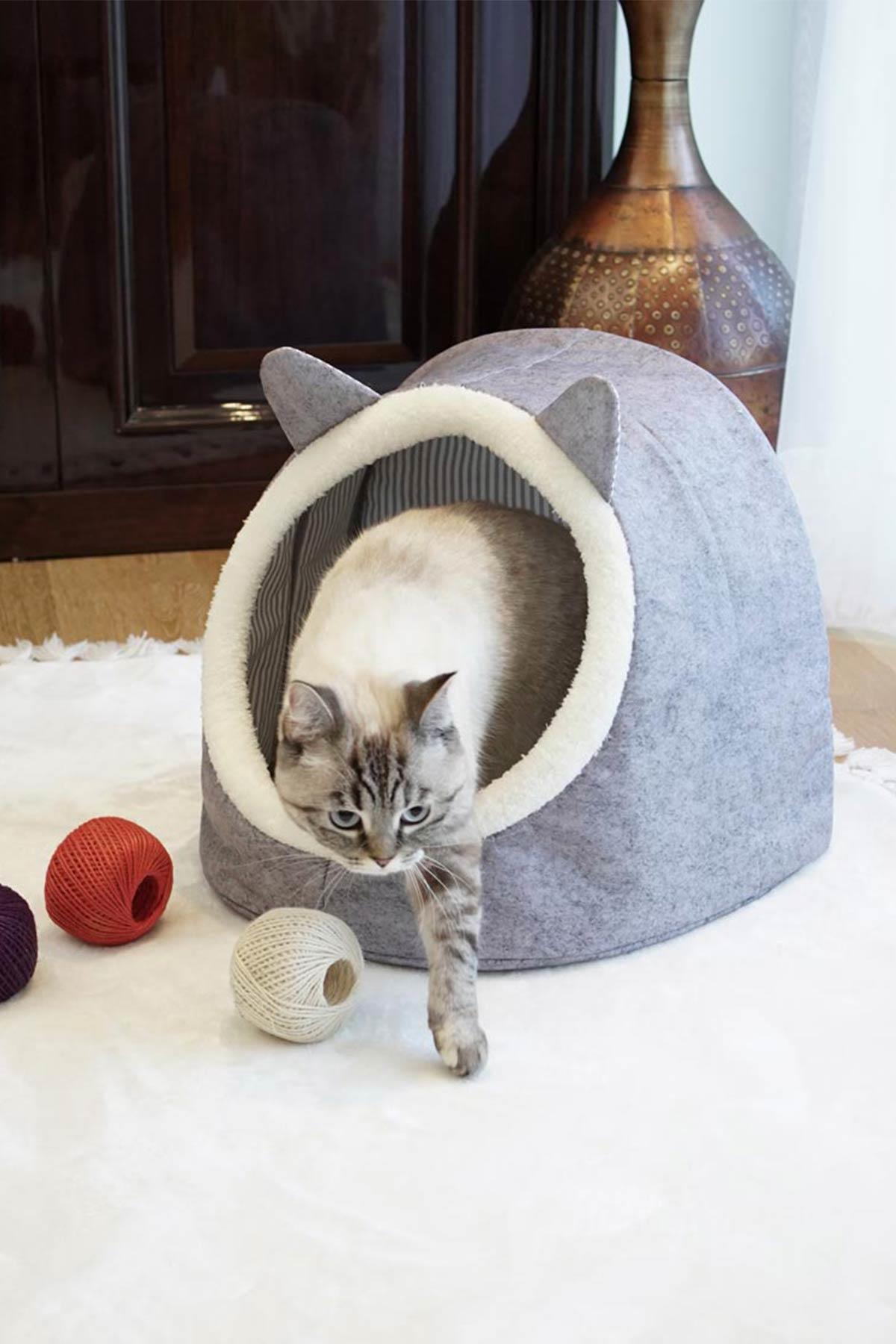 جای خواب خانه‌ای نمدی گربه و سگ گوبی‌پت GOBYPET Alas، خاکستری، همراه پادری هدیه