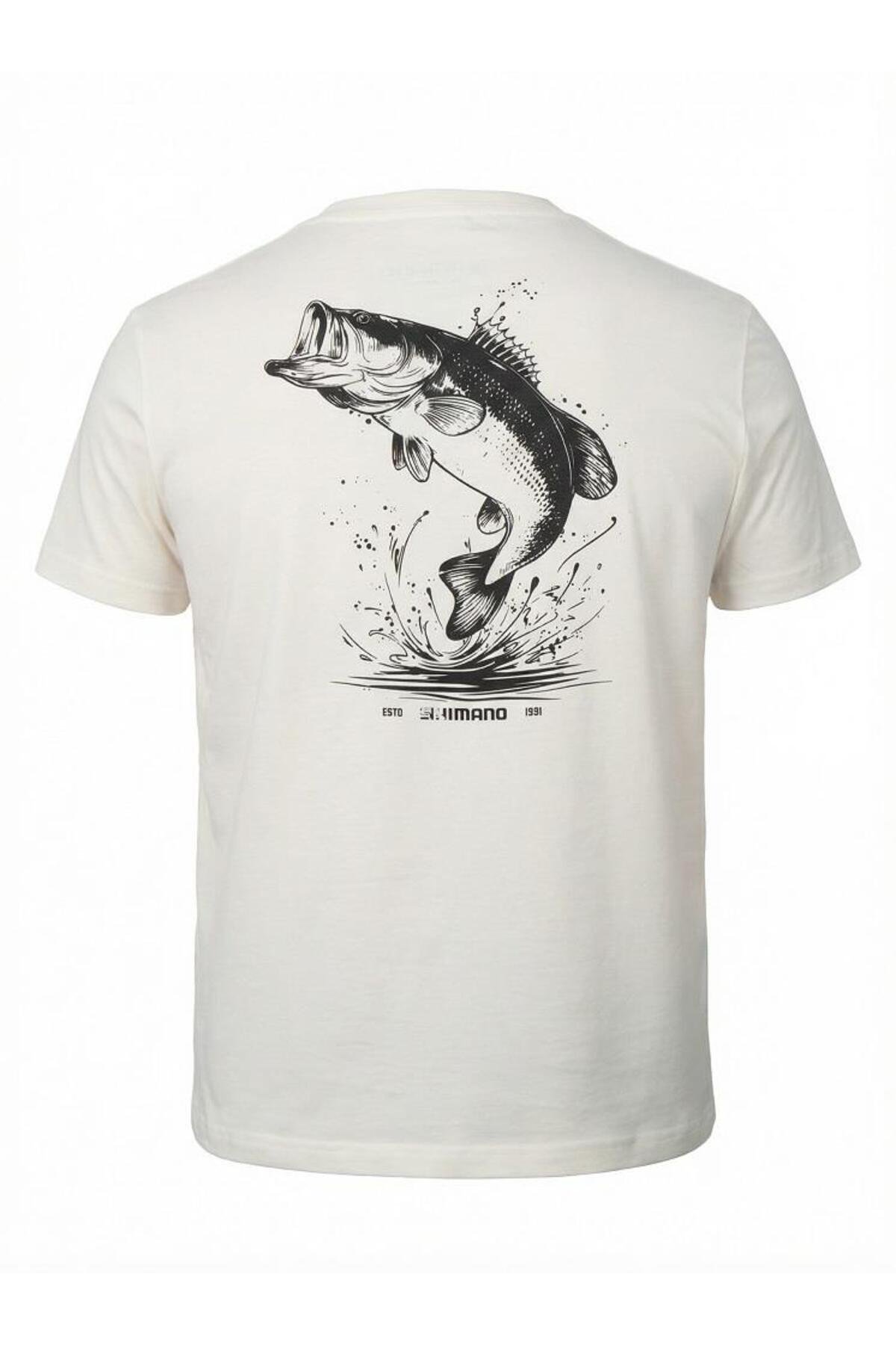 تی‌شرت ورزشی مردانه شیمانو Shimano طرح چاپی Seabass، کرم روشن