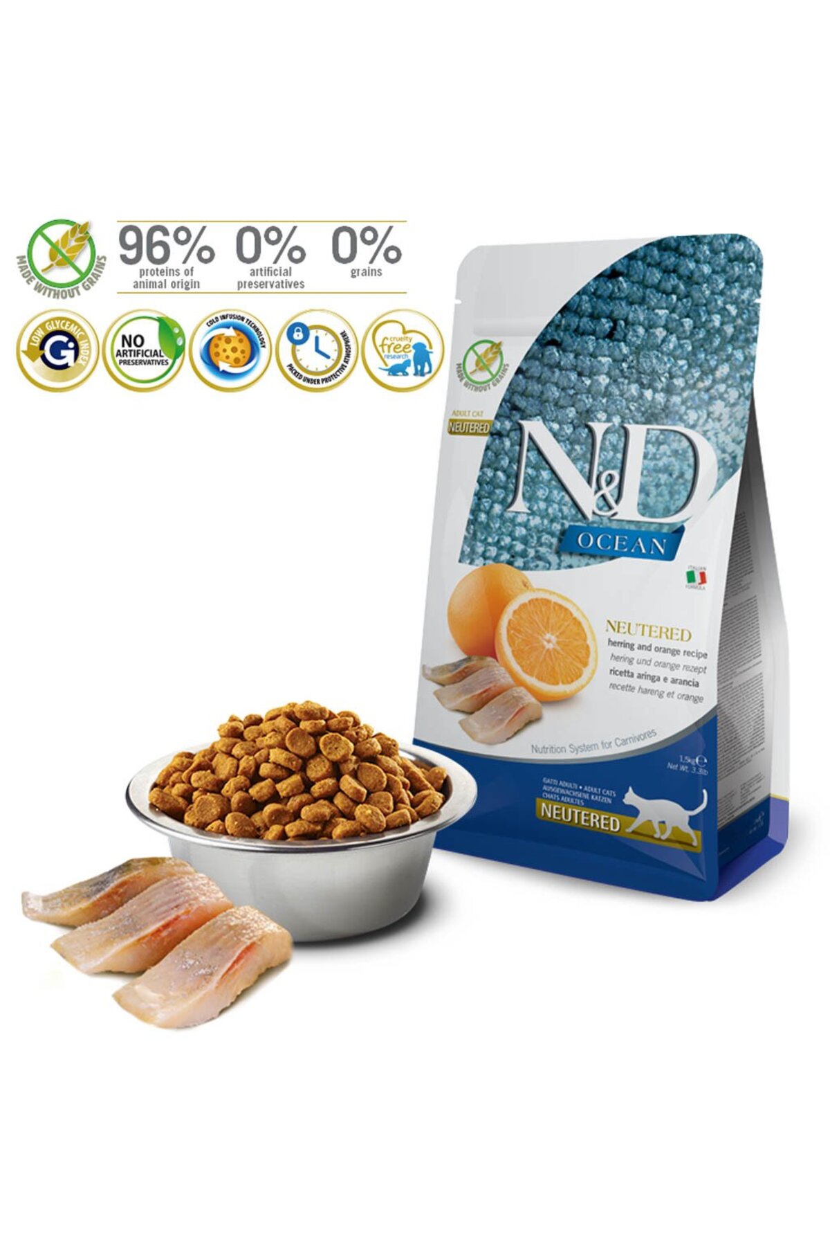 غذای خشک گربه عقیم‌شده ان‌انددی N&D Ocean، شاه‌ماهی و پرتقال، ۱٫۵ کیلوگرم 1,5 KG