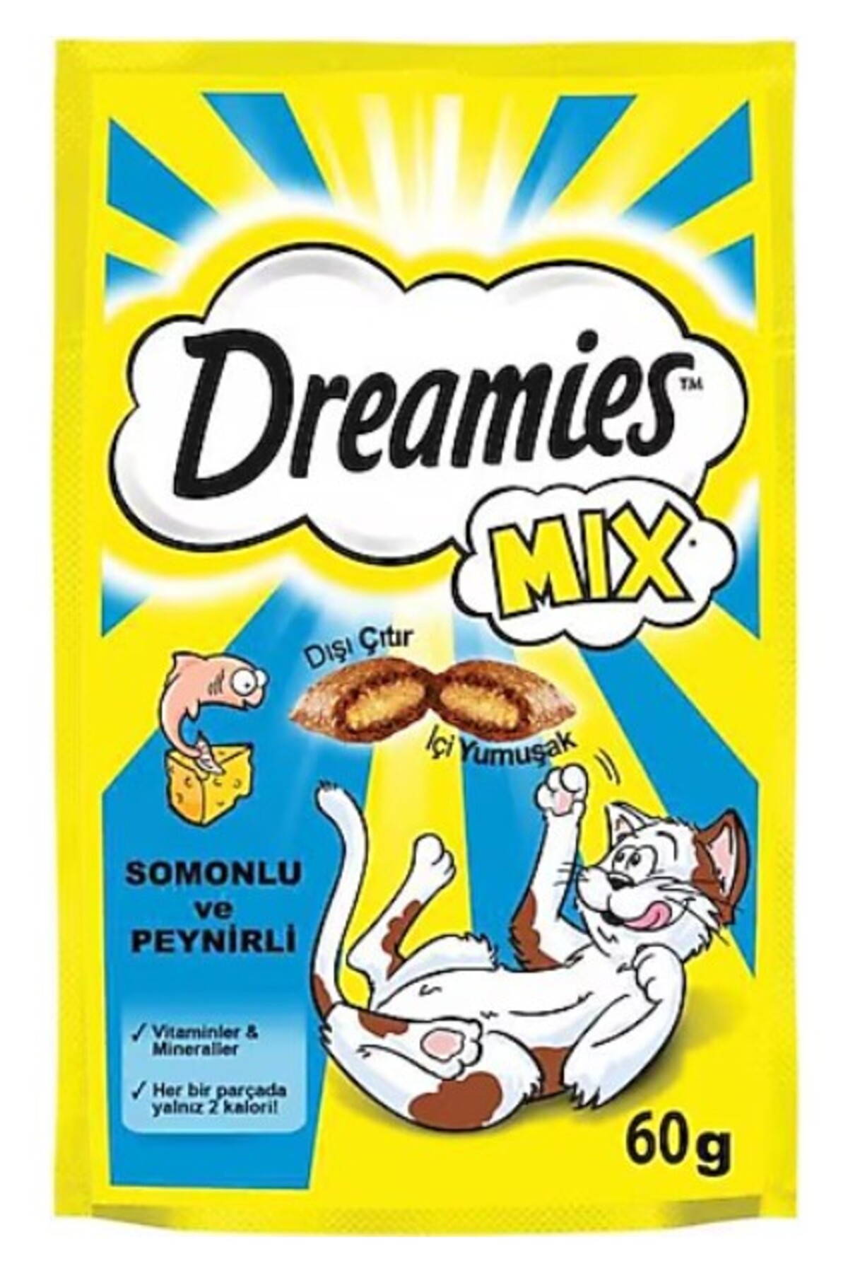 تشویقی گربه دریمیز Dreamies با طعم سالمون و پنیر، ۶۰ گرم