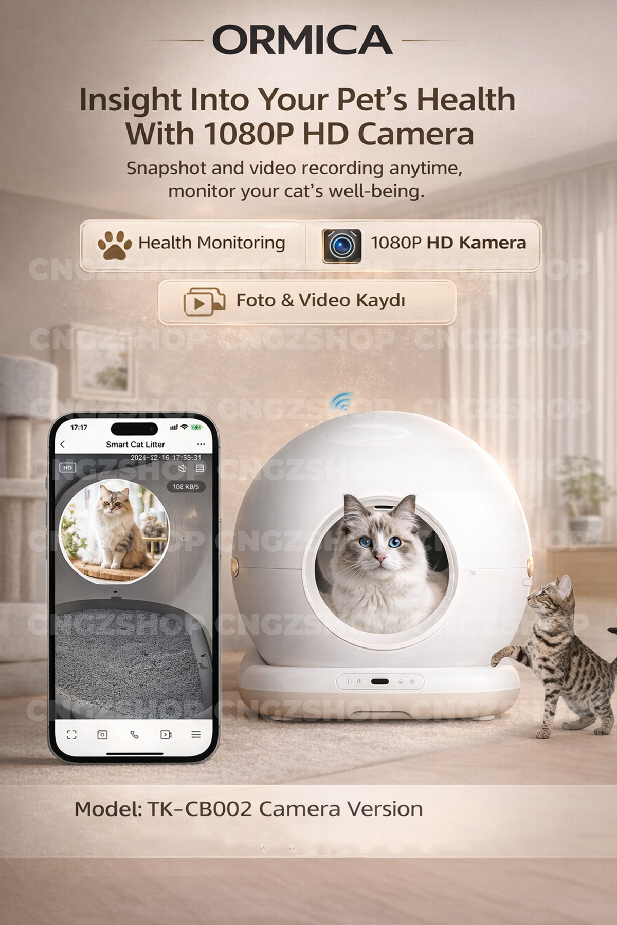 توالت هوشمند خودکار گربه سی‌ان‌جی‌زد‌شاپ CNGZSHOP، چندرنگ، با دوربین و کنترل اپلیکیشن