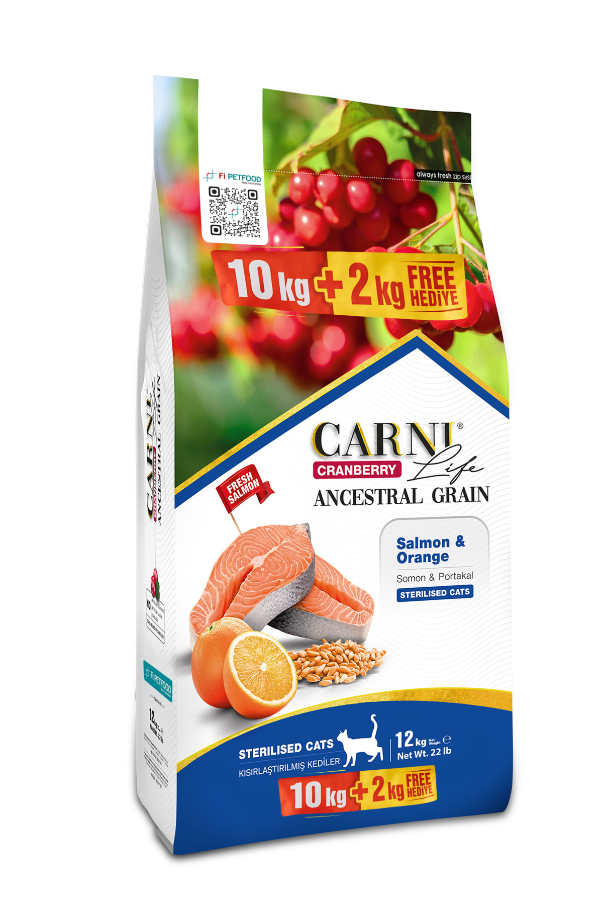 غذای خشک گربه عقیم‌شده کرنبری آنسسترال گرین با سالمون و پرتقال، ۱۰+۲ کیلوگرم کارنی لایف Carni Life