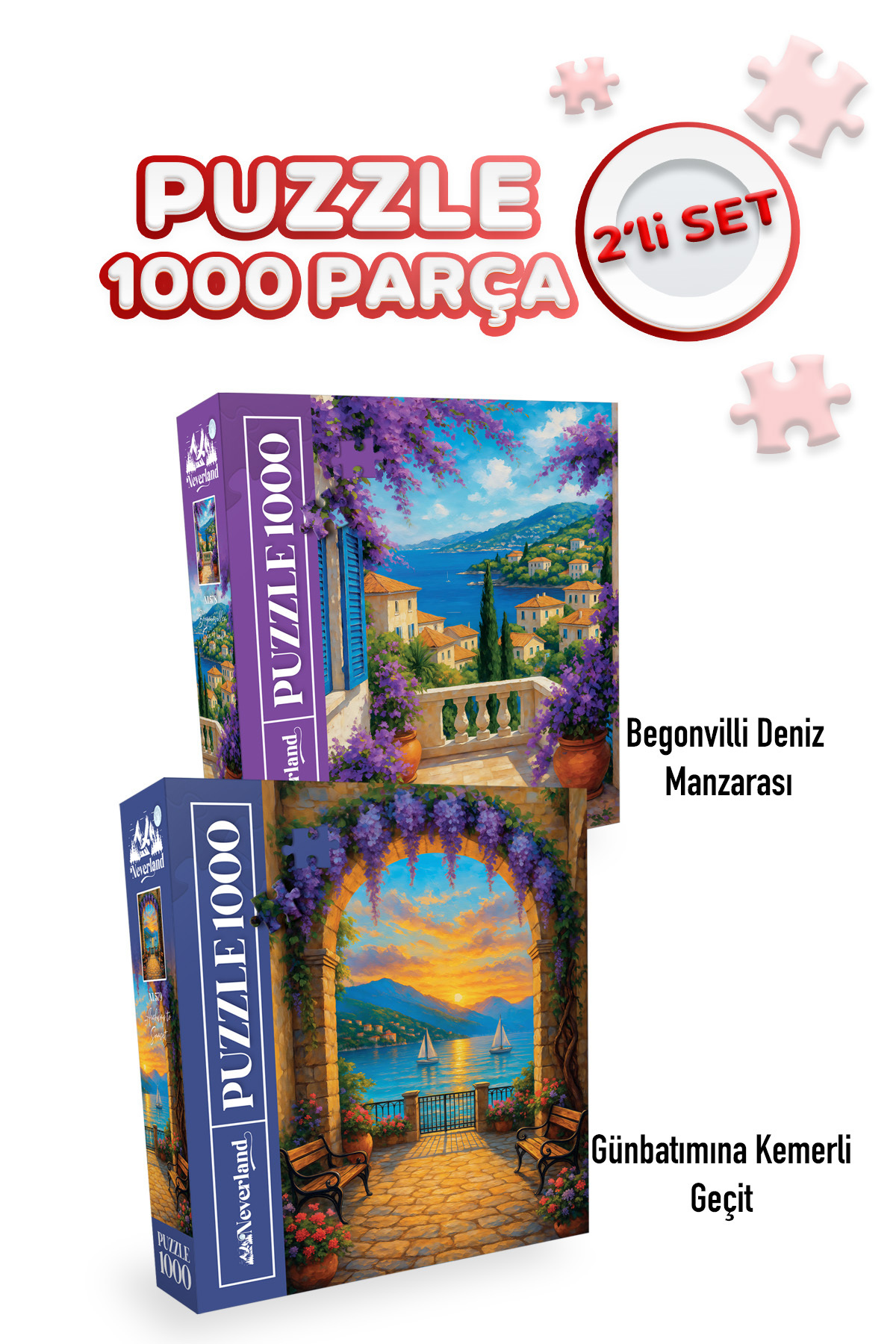 پازل 2 تکه 1000 منظره دریای BEGONVILLLI و گذرگاه طاقدار به سمت غروب خورشید Neverland
