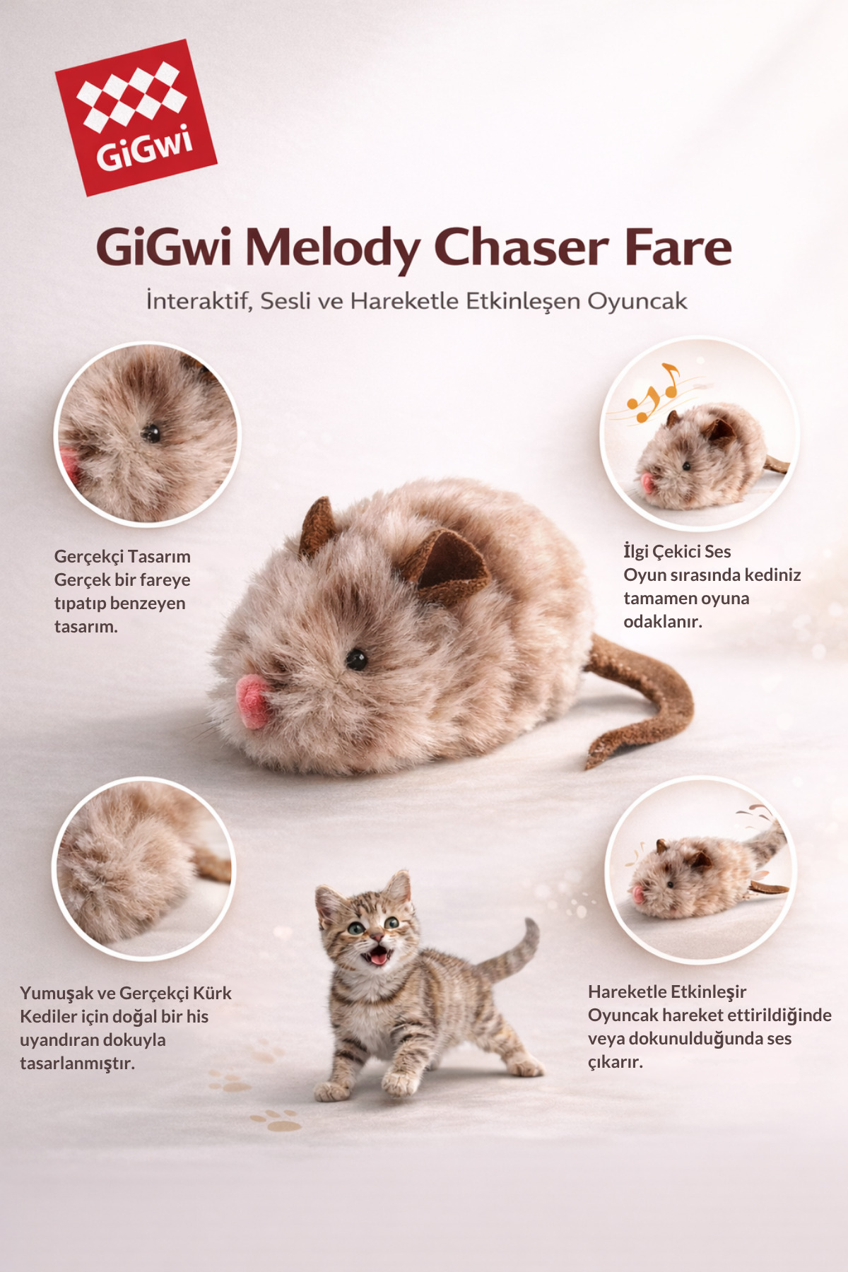 اسباب‌بازی گربه طرح موش پولیشی قهوه‌ای، حساس به لمس و صدادار، سری Melody Chaser گیوی Gigwi مدل 9033