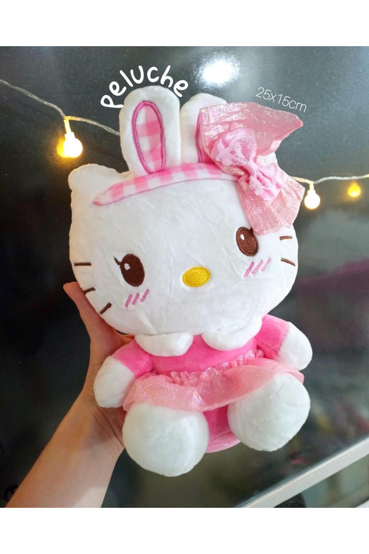 اسباب بازی های پشمی مخمل دار HELLO KITTY با گوش خرگوش و لباس صورتی 25 سانتی متری onestophube