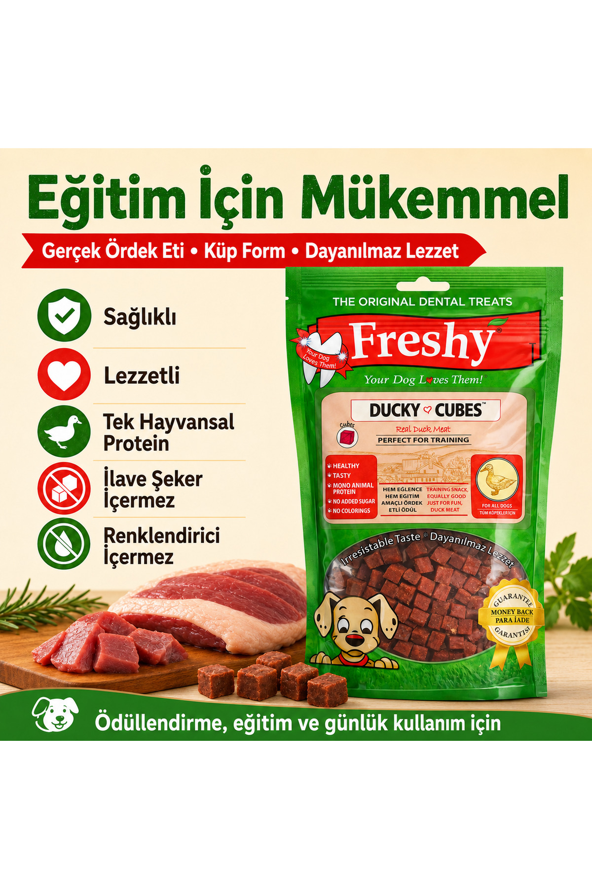 تشویقی مکعبی سگ Ducky Cubes از فرشی Freshy، با طعم اردک و خرگوش، ۸۰ گرم