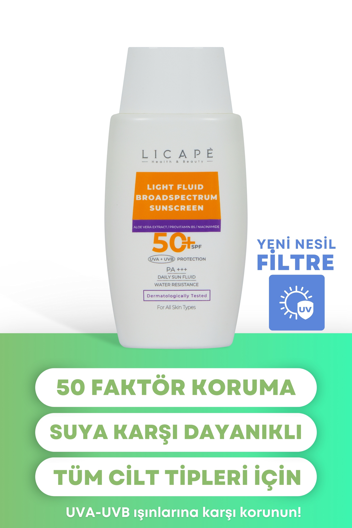 کرم ضد آفتاب صورت آب محافظت بالا انواع پوستی مقاوم در برابر پوست مناسب برای مایع 50 میل Licape