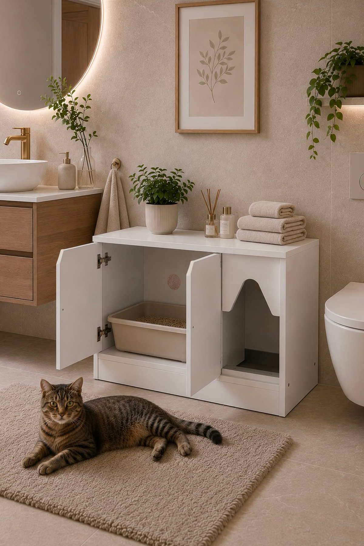 خانه گربه و کابین مخفی‌کننده توالت گربه بنیم اودام benim odam Kitty Modern مدل KT-9401.21، سفید ساده