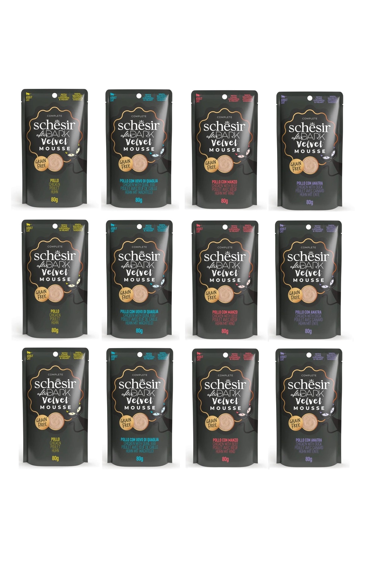 غذای مرطوب گربه شسیر Schesir After Dark، موس ترکیبی ۴ نوع، ۱۲ پوچ ۸۰ گرمی