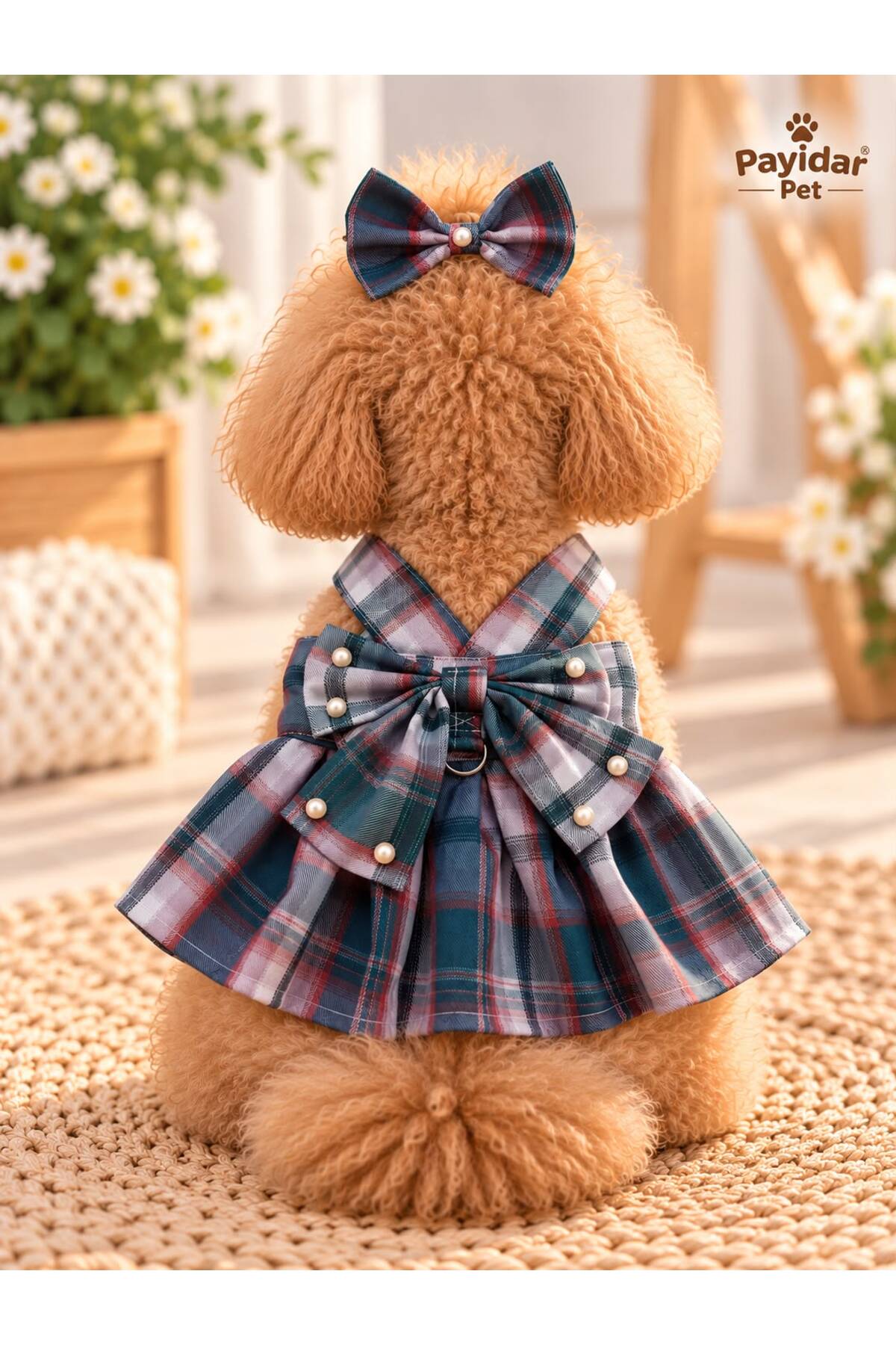 ست لباس سگ پایدار پت Payidar Pet، Pet Fashion Premium، طرح چهارخانه همراه بند و گیره پاپیونی چندرنگ