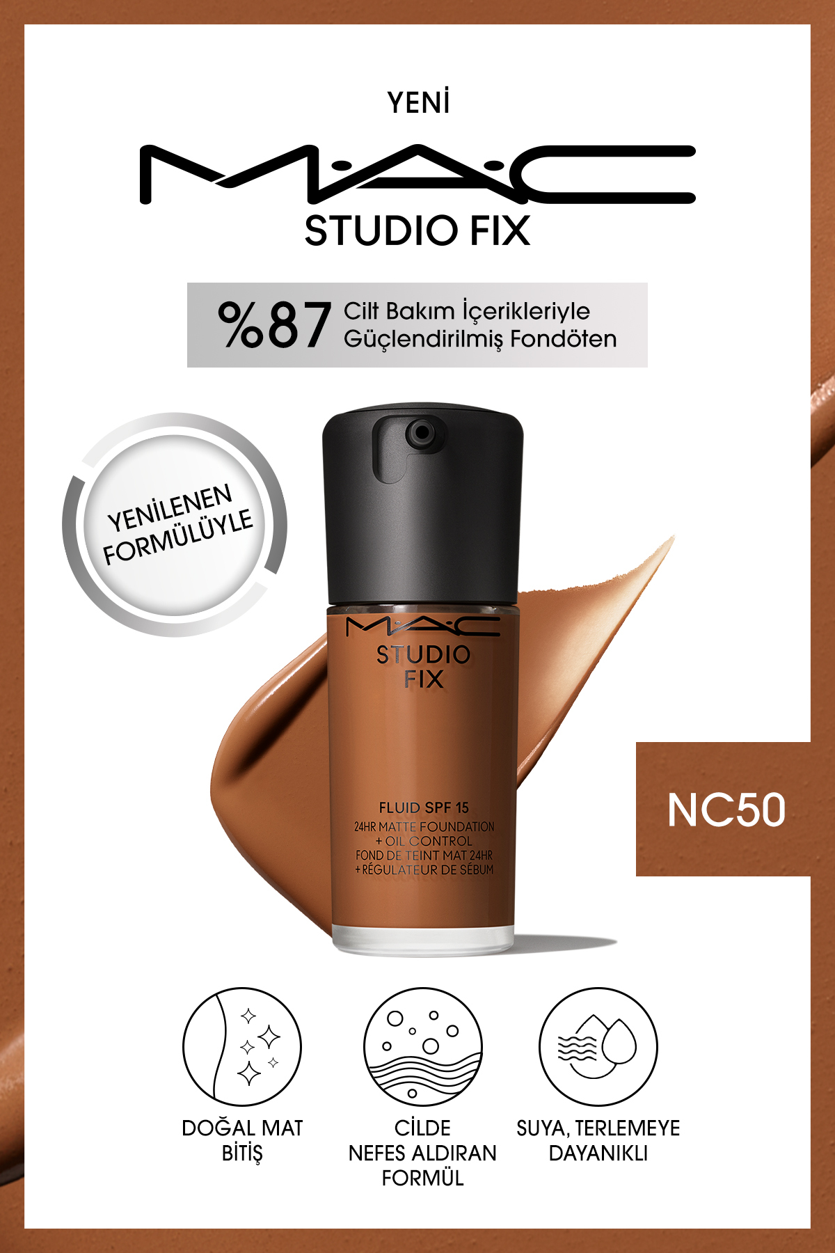 کرم پودر بنیاد MATT دائمی تا 24 ساعت استودیو FIX FLUID SPF15 رنگ: NC50 30ML Mac