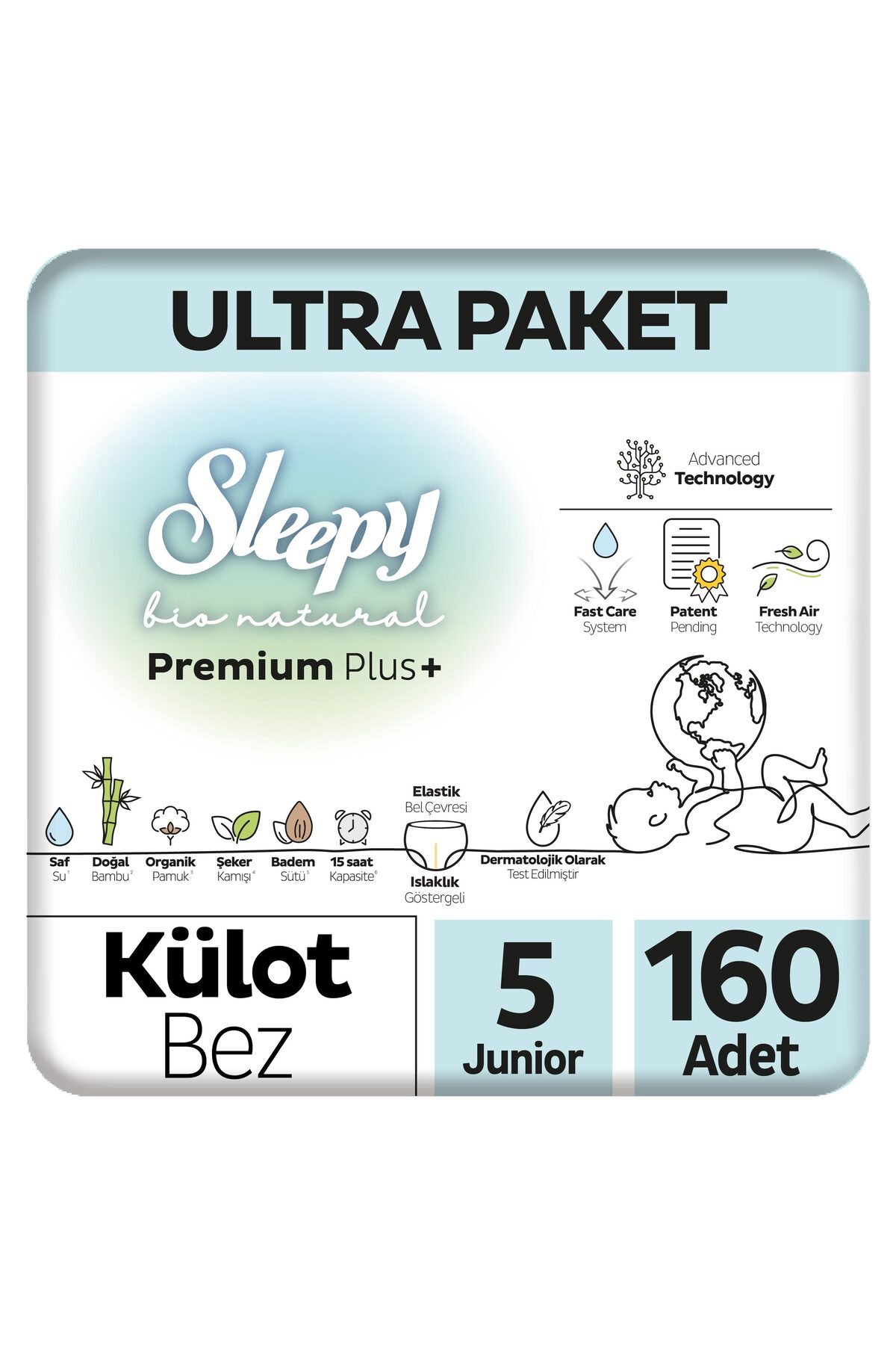 پوشک بچه پکیج بایو نچرال پرمیوم پلاس اولترا شورتی سایز 5 جونیور 160 عدد اورجینال Sleepy