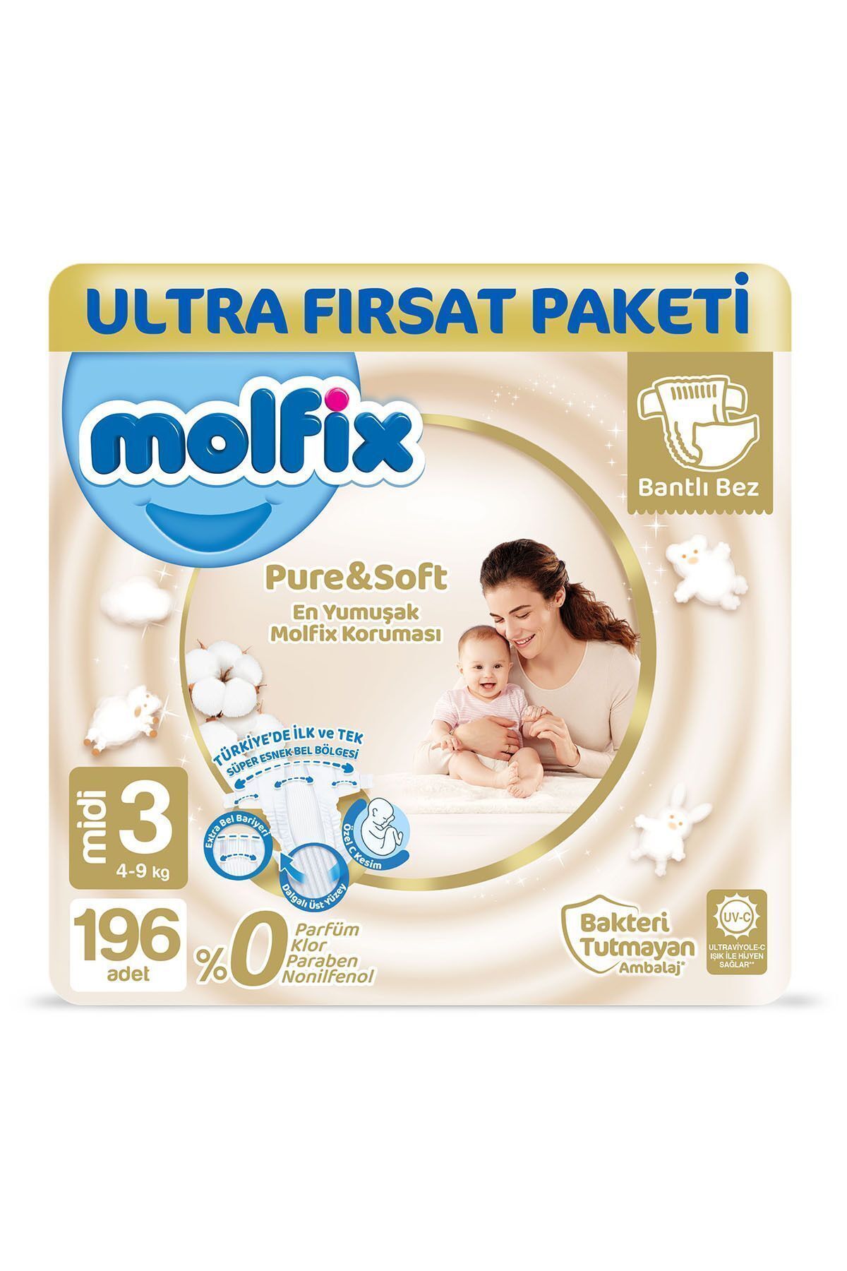 پوشک بچه PURE &amp; SOFT SIZE 3 MIDI ULTRA OPPORTUNITY PACKAGE 196 PCS اورجینال Molfix