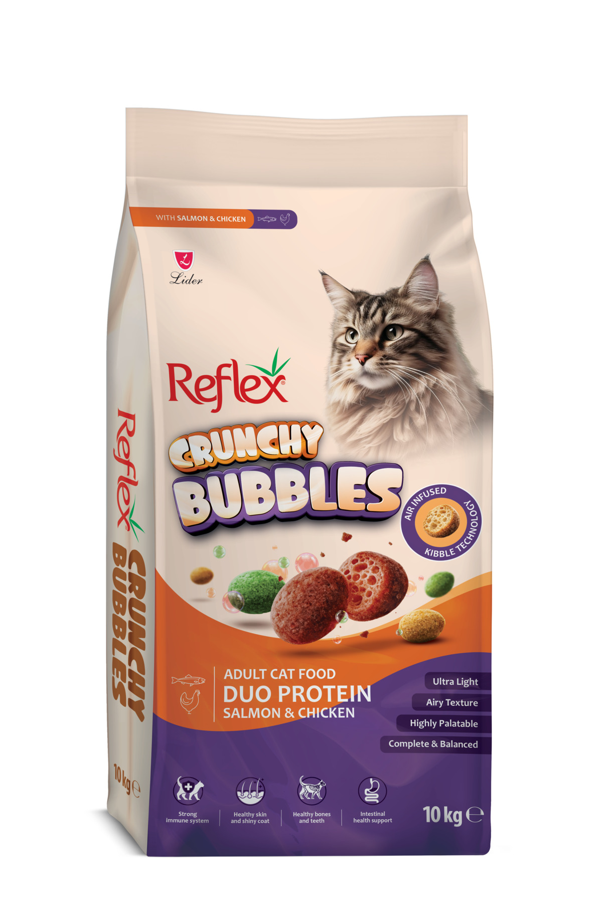 غذای خشک گربه بالغ رفلکس Reflex Crunchy Bubbles Duo Protein با طعم سالمون و مرغ، ۱۰ کیلوگرم