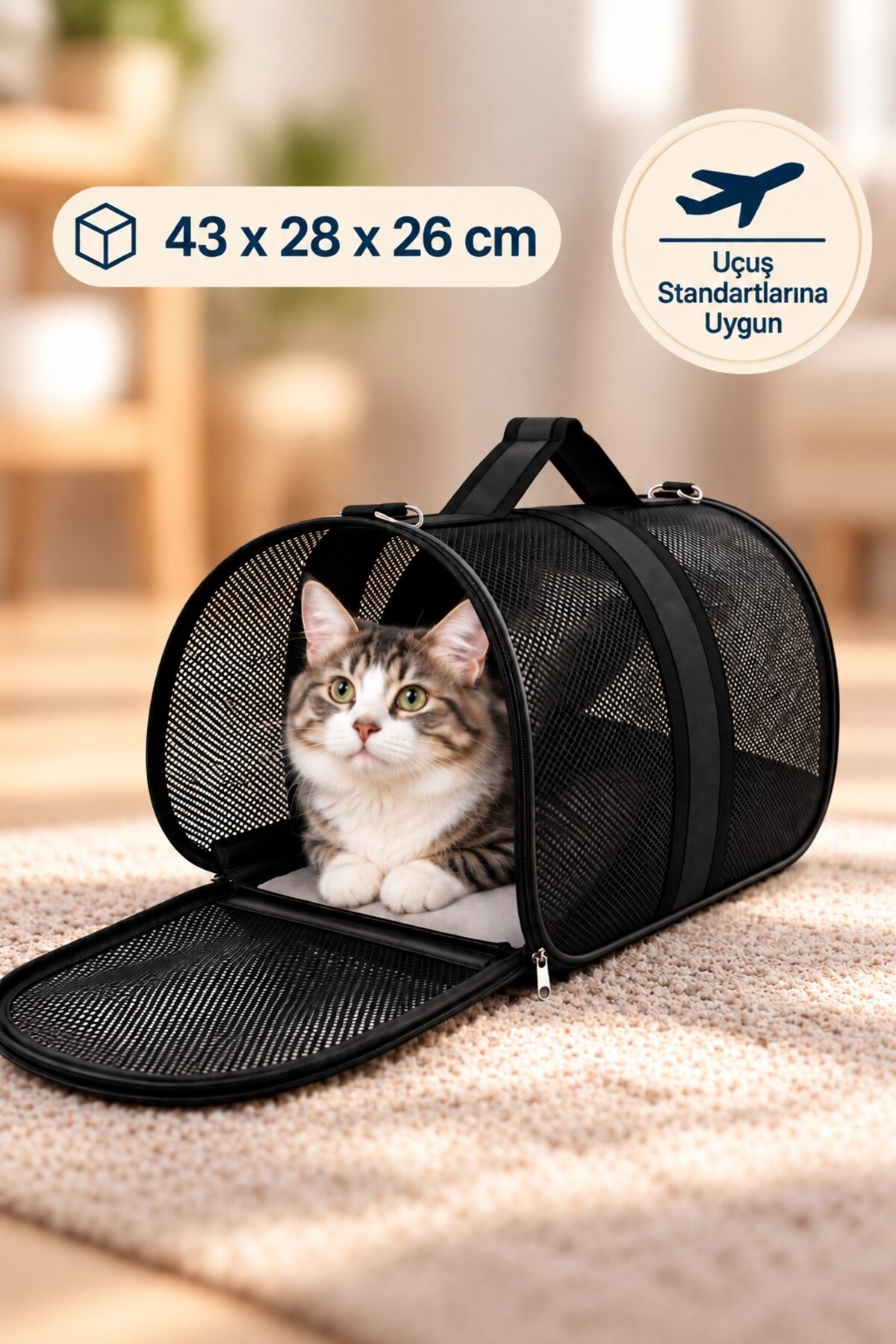 کیف حمل سگ و گربه کورتبای شکل Kurtbay Şekil، مدل VN111341، کابین‌سایز و توری مقاوم در برابر پارگی