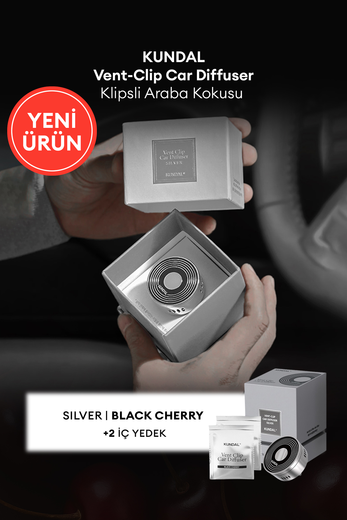 خوشبوکننده خودرو بوی ماشین با گیره نقره ای گیلاس سیاه KUNDAL VENT CLIP CAR DIFFUSER SILVER Kundal