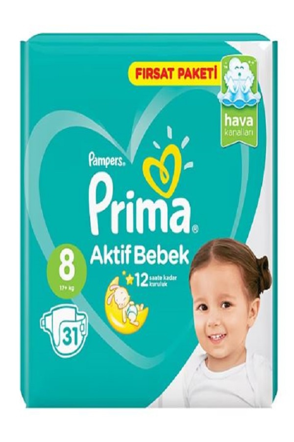 پوشک بچه اکتیو بیبی سایز 8 بسته فرصت 1X31 31 عددی 17 کیلویی اورجینال Prima
