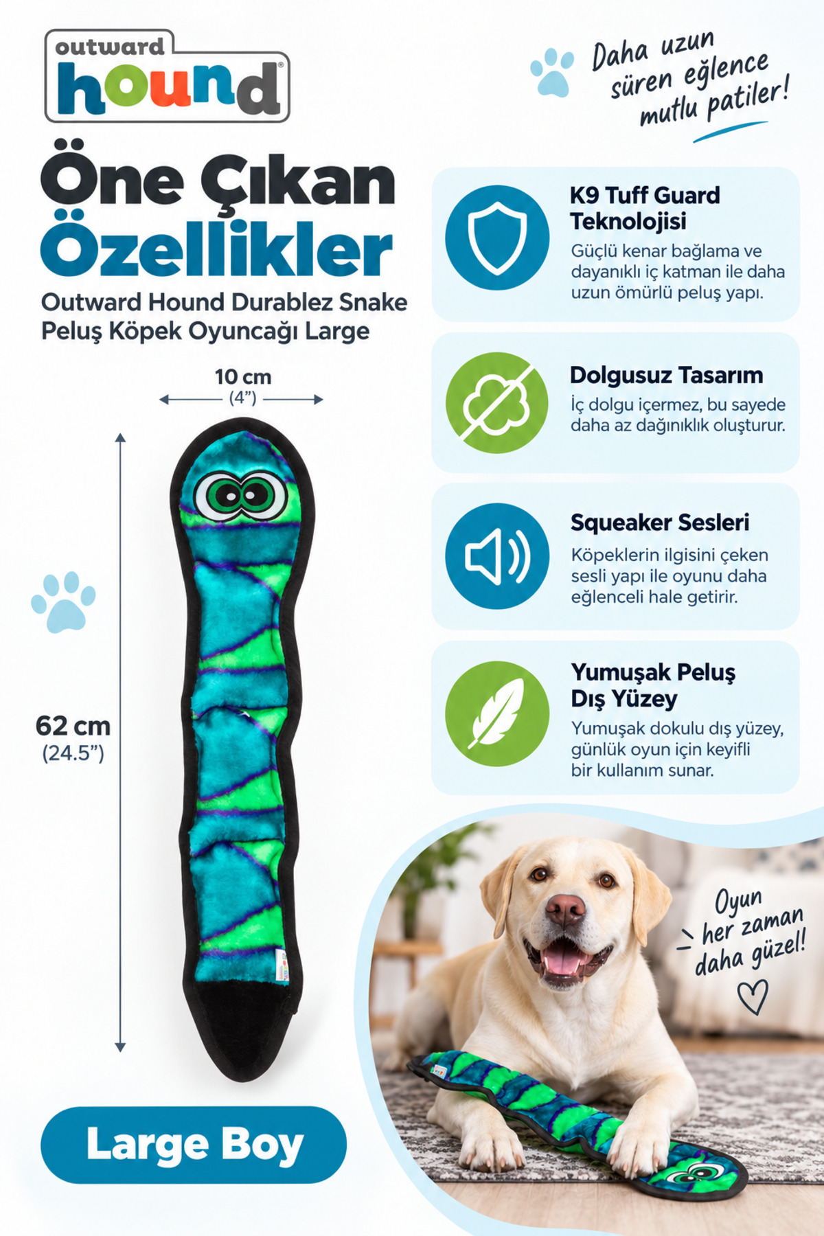 اسباب‌بازی عروسکی مار برای سگ، سری Invincibles Snake از آوت‌وارد هاوند Outward Hound، Large رنگی