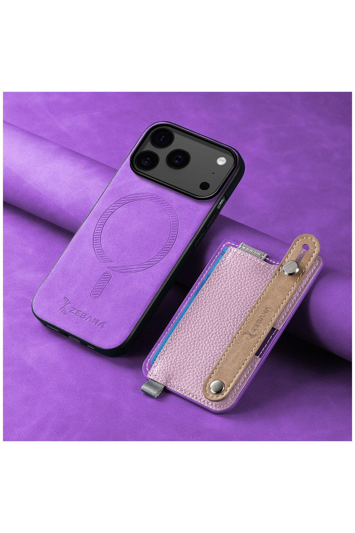 کاور و قاب APPLE IPHONE 17 PRO MAX COMPATIBLE CASE 2IN1 بهترین چرمی با نگهدارنده کارت بنفش اورجینال Zebana