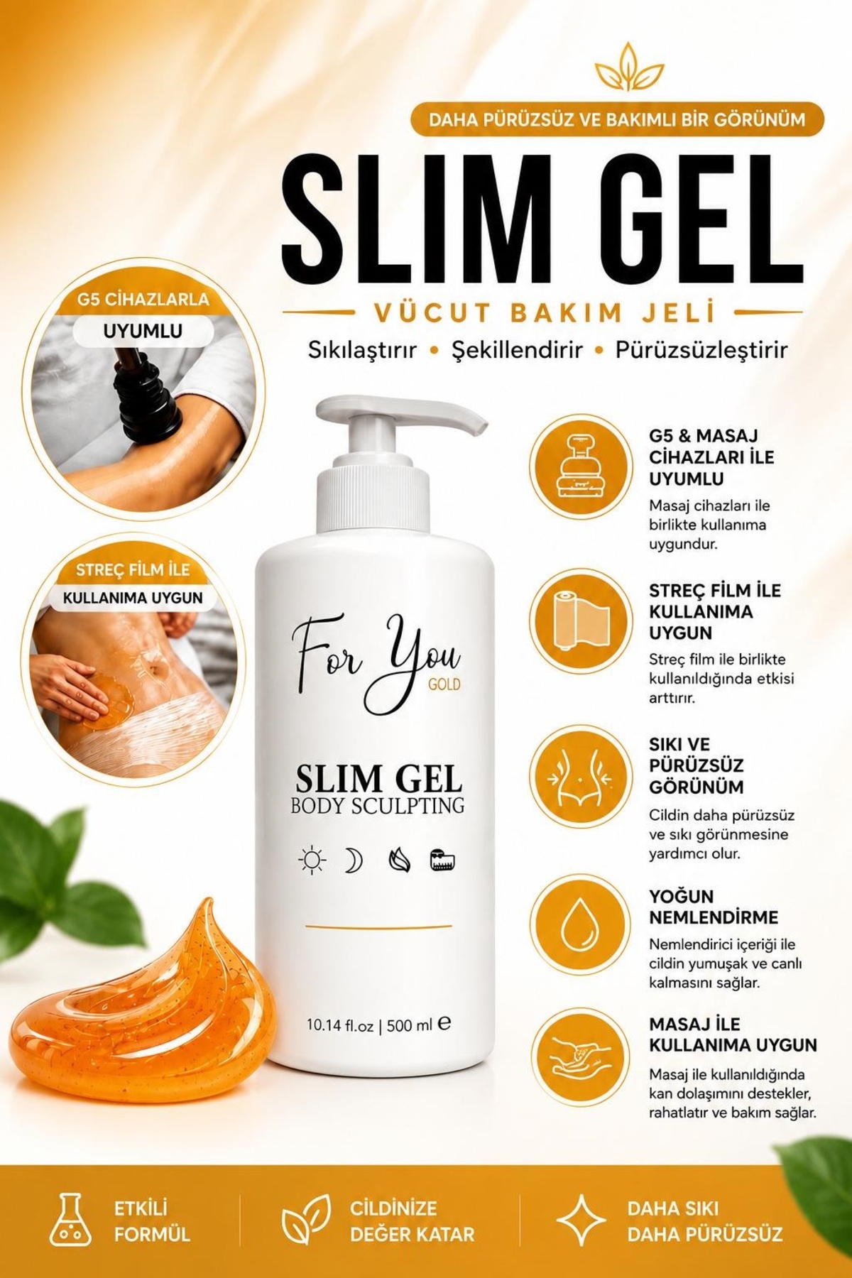 ژل لاغری For You Gold Slim - سفت کننده - چربی سوز - لاغری موضعی - کرم ضد کشیدگی و سلولیت ۵۰۰ میلی لیتر