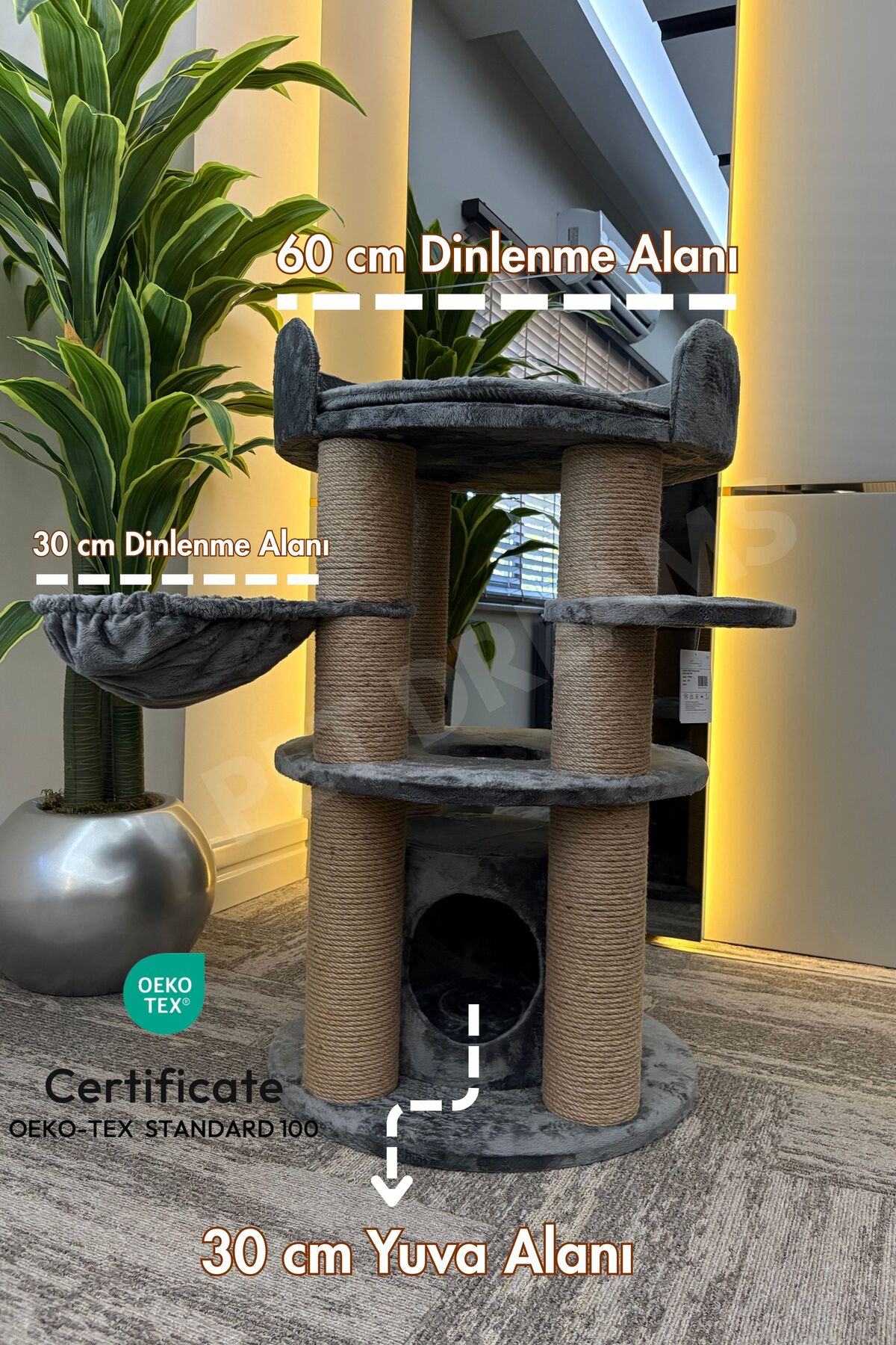 درخت خراش و استراحت گربه پت دریمز Pet Dreams Cosmo Lüks با پارچه گواهی‌شده خاکستری