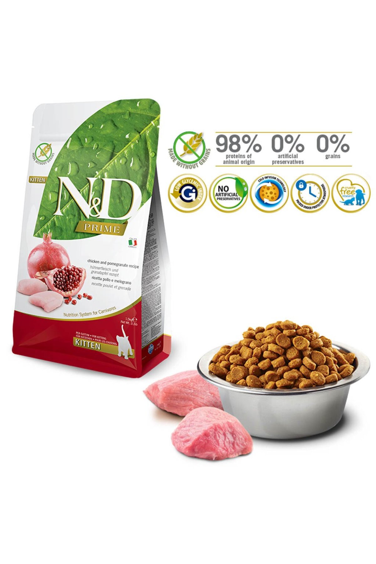 غذای خشک بچه‌گربه ان‌اند‌دی N&D، بدون غلات با مرغ و انار، ۱٫۵ کیلوگرم 1,5 KG