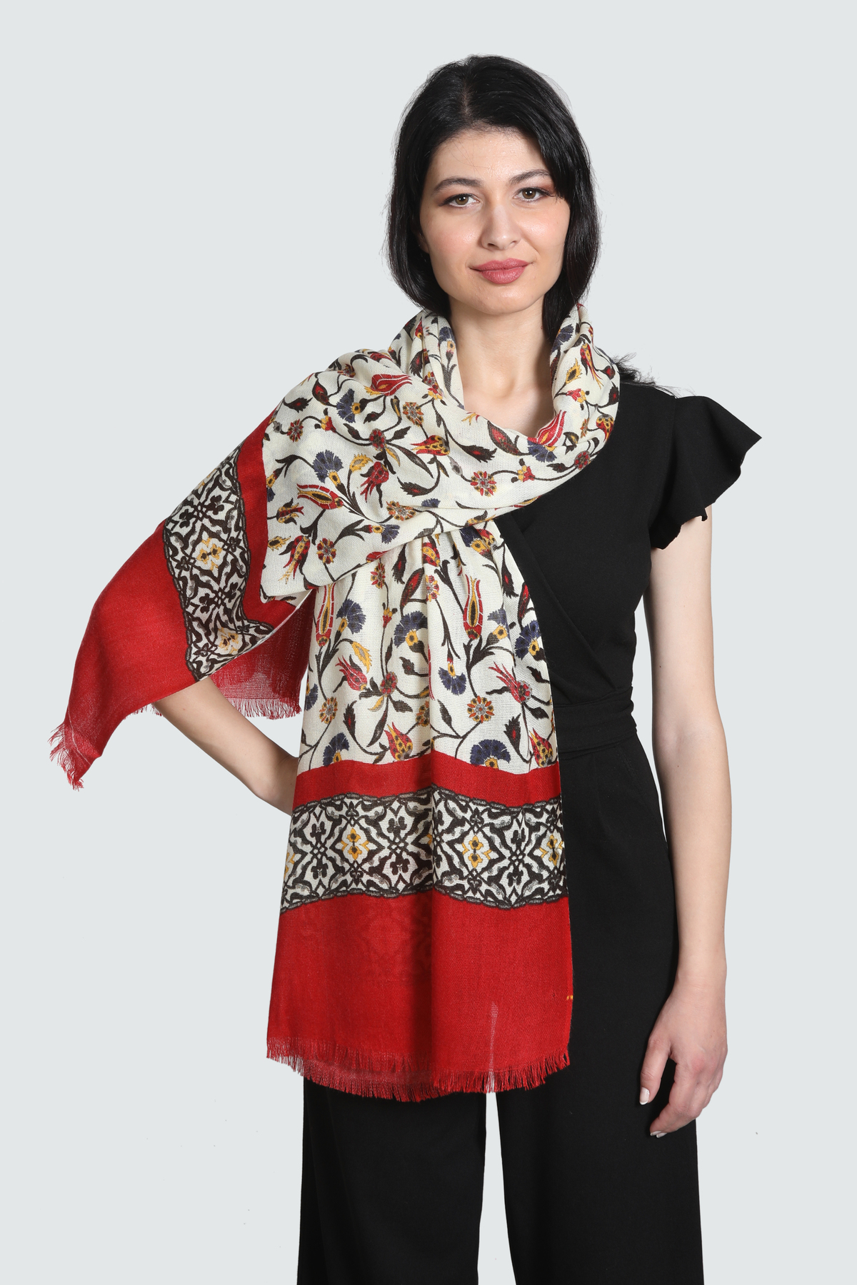 شال زنانه کتان میستیک Mystic، قرمز و بژ، مدل MS-338