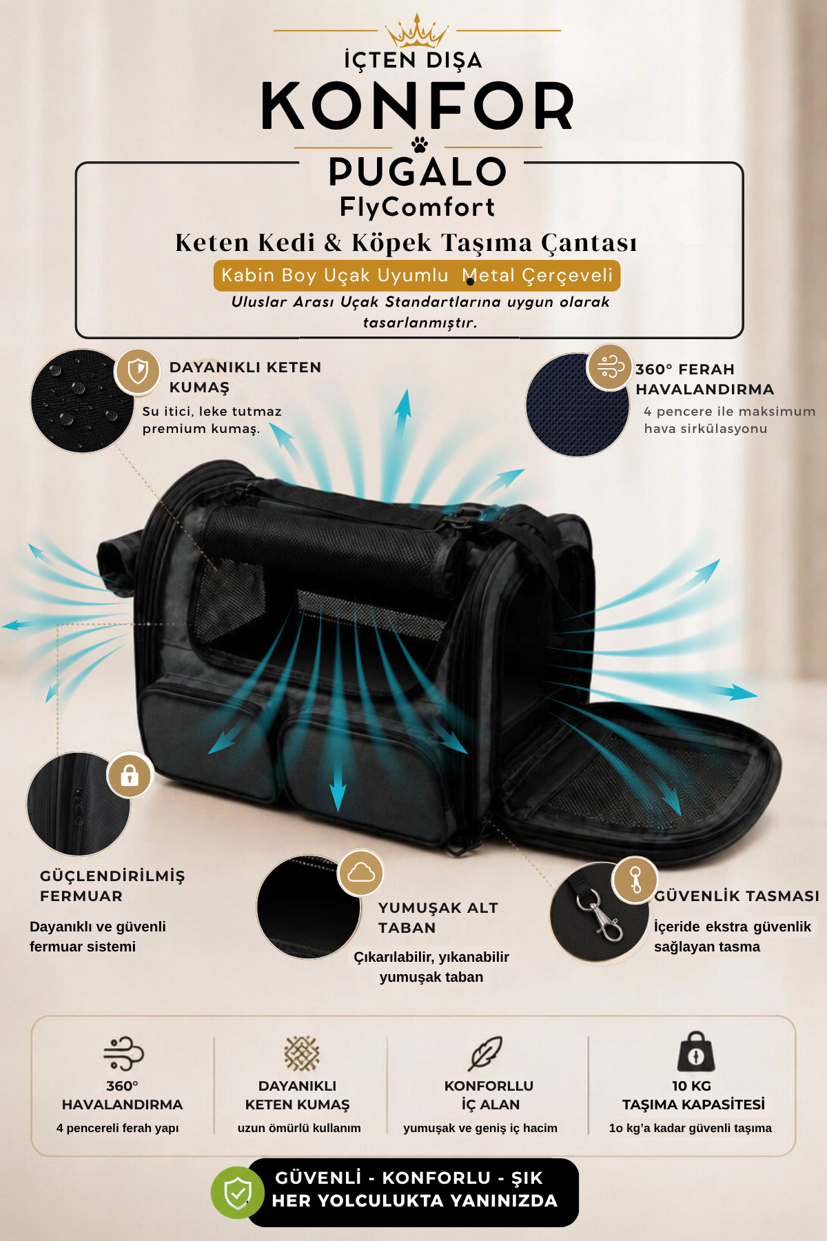 کیف حمل گربه و سگ پوگالو Pugalo مدل FlyComfort، پارچه کتان، مناسب کابین هواپیما و با فریم فلزی مشکی